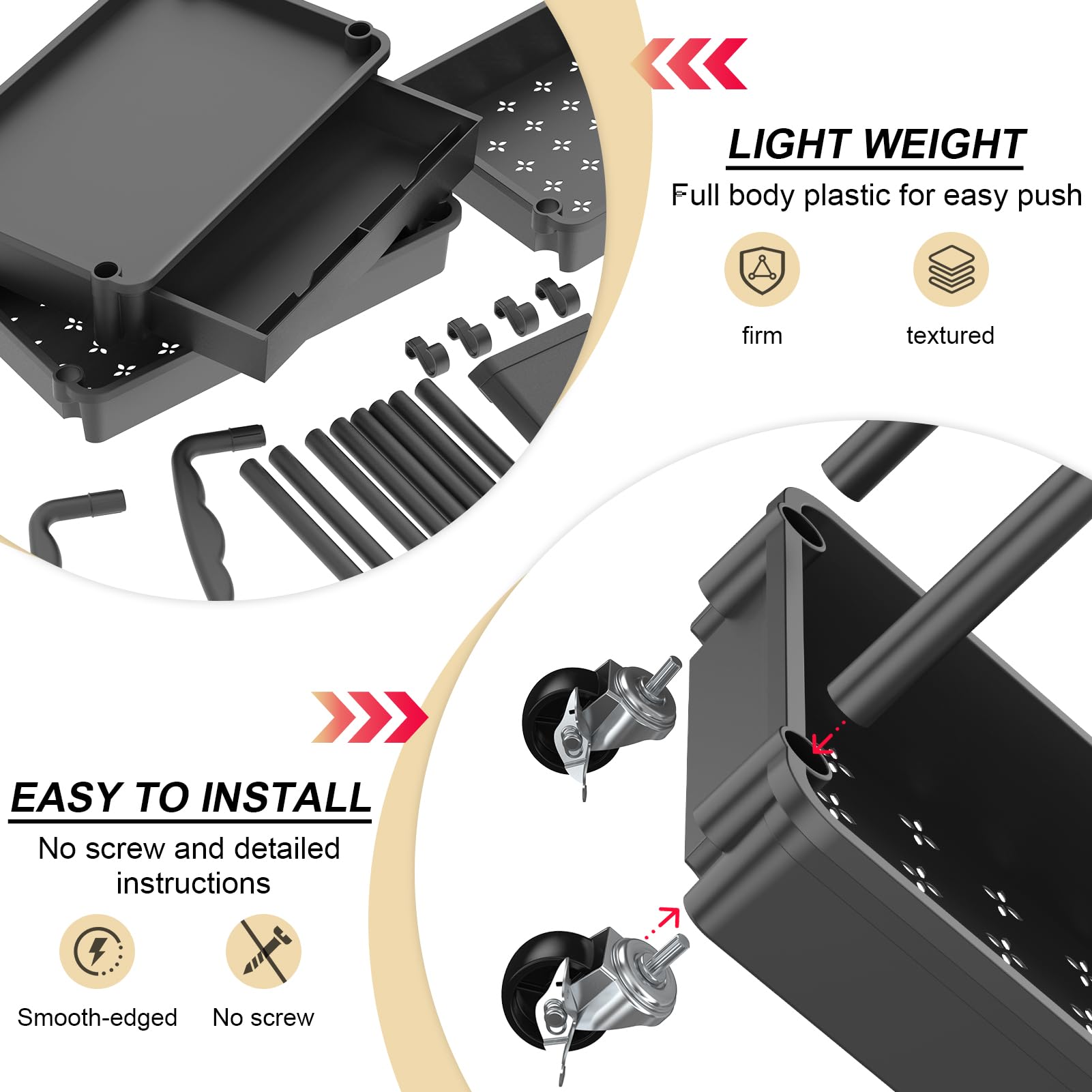 Goovilla 3 Tier Rolling Utility Cart Organizer with Removable Drawer, Stable and Sturdy Black Rolling Storage Carts with 2 Lockable Wheels for Bathroom, Kitchen, Snack, Craft, Makeup, Baby Essentials