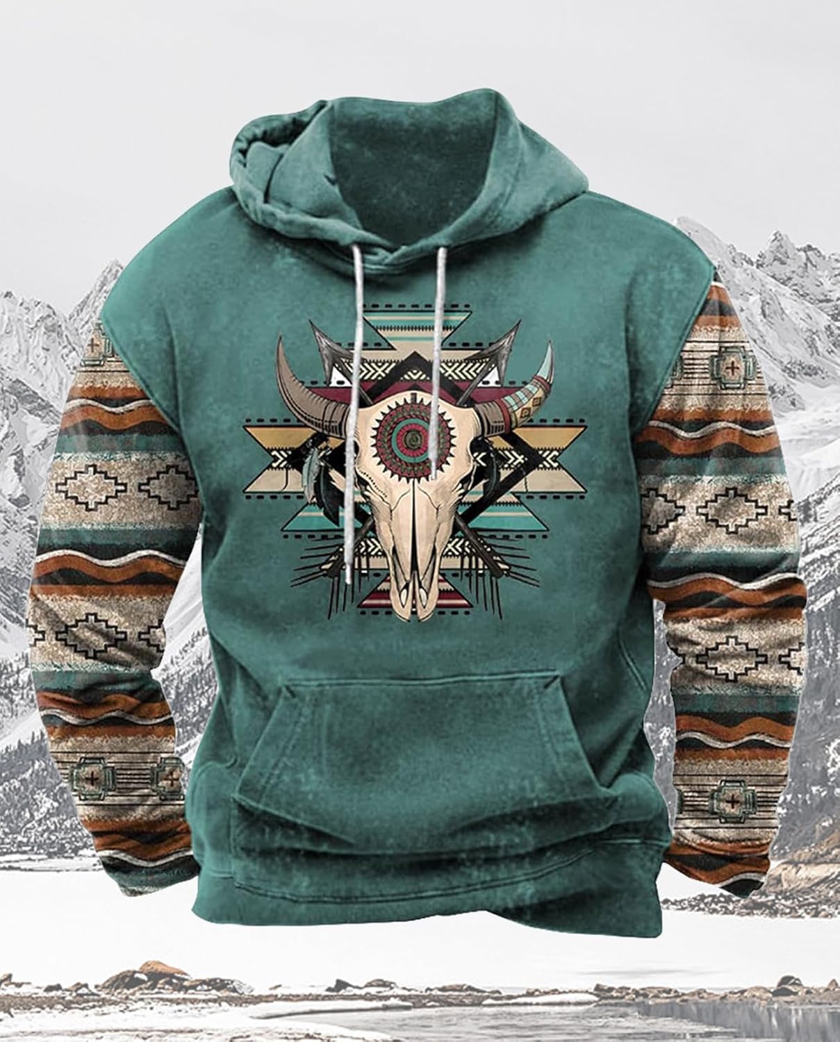 Western Hoodie for Men Aztec Cowboy Printed Drawstring Pullover Hooded Sweatshirt Mens Comfy Fleece Sweatshirt - Image 5