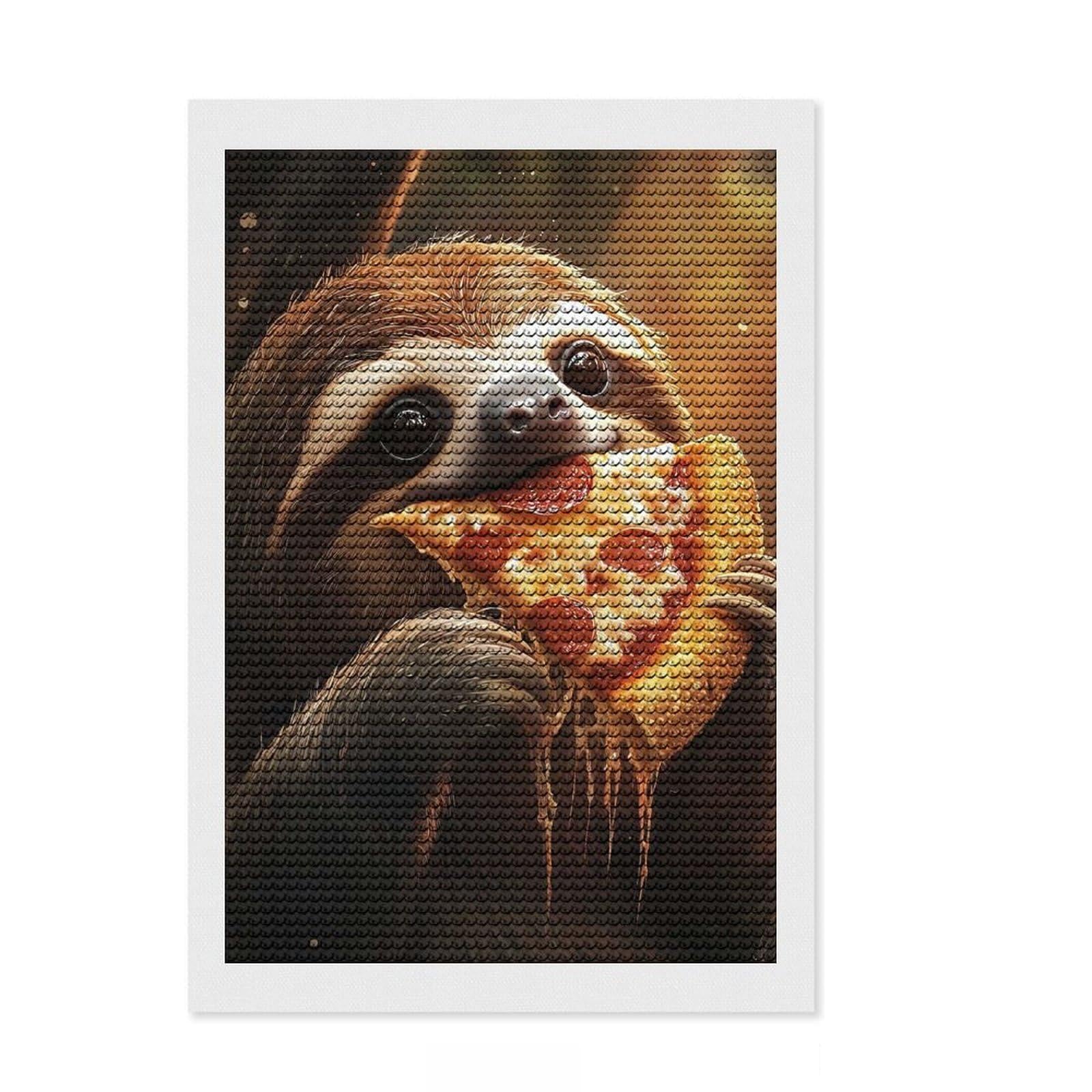 Junmoney Sloth Eating Pepperoni Salami Pizza Full Drill Diamond Painting Kit 8"x12", for Family Craft Time, Full Kit Included, Office Decor, Christmas Gift