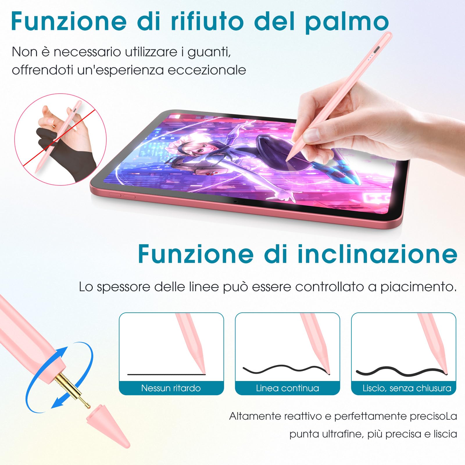 KBCASE Penna per Apple iPad 2018-2025 Pencil per iPad con Ricarica Rapida & Palm Rejection & Sensibile all'inclinazione per iPad A16 11/10/9/8/7/6,Air M3/M2/5/4/3,Mini 7/6/5,Pro M4 13"/12,9"/11"