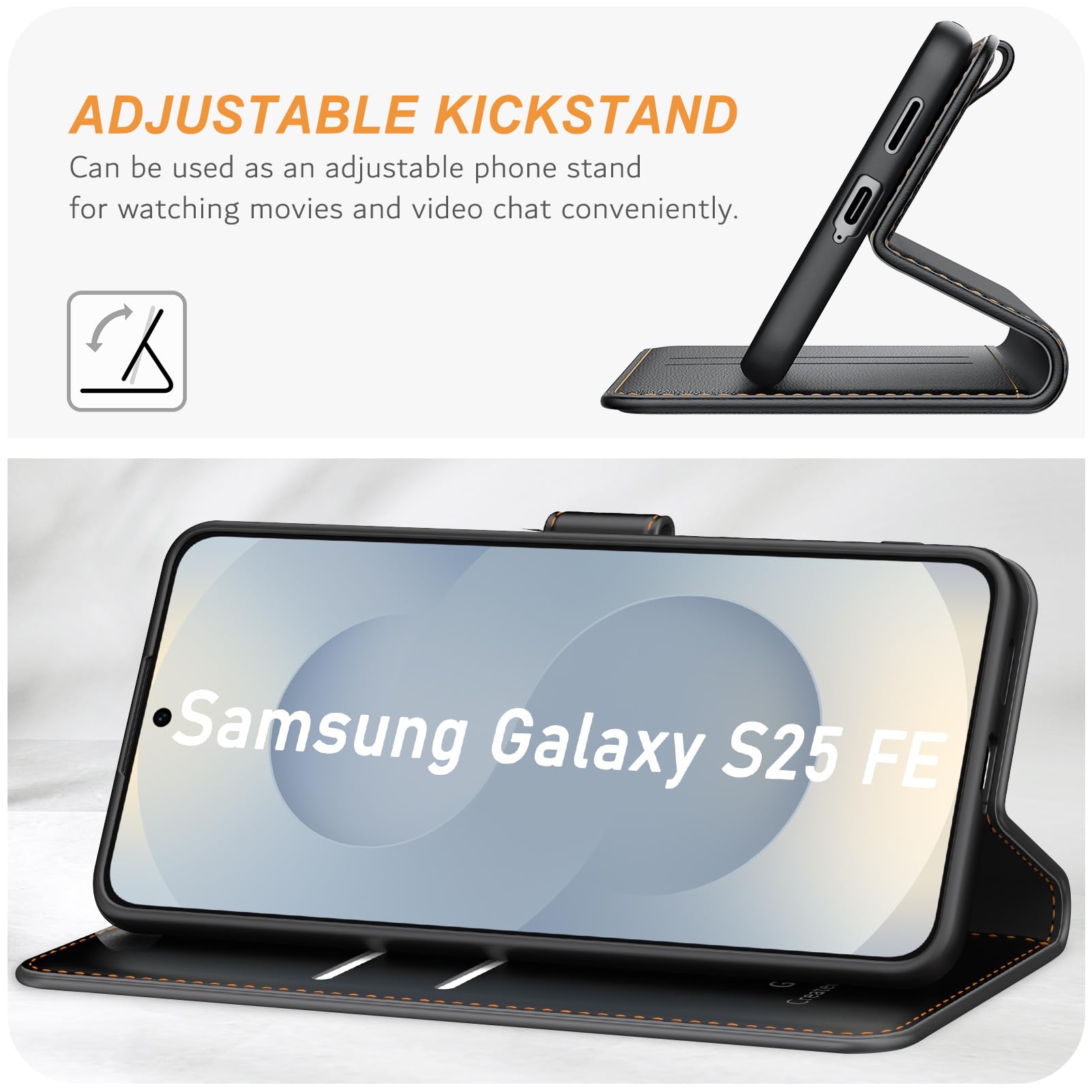 Ganbary Etui kompatybilne z Samsung Galaxy S25 FE, wysokiej jakości etui z klapką ze skóry PU do Samsung Galaxy S25 FE [pełna ochrona] [przegródki na karty] [podpórka], czarne