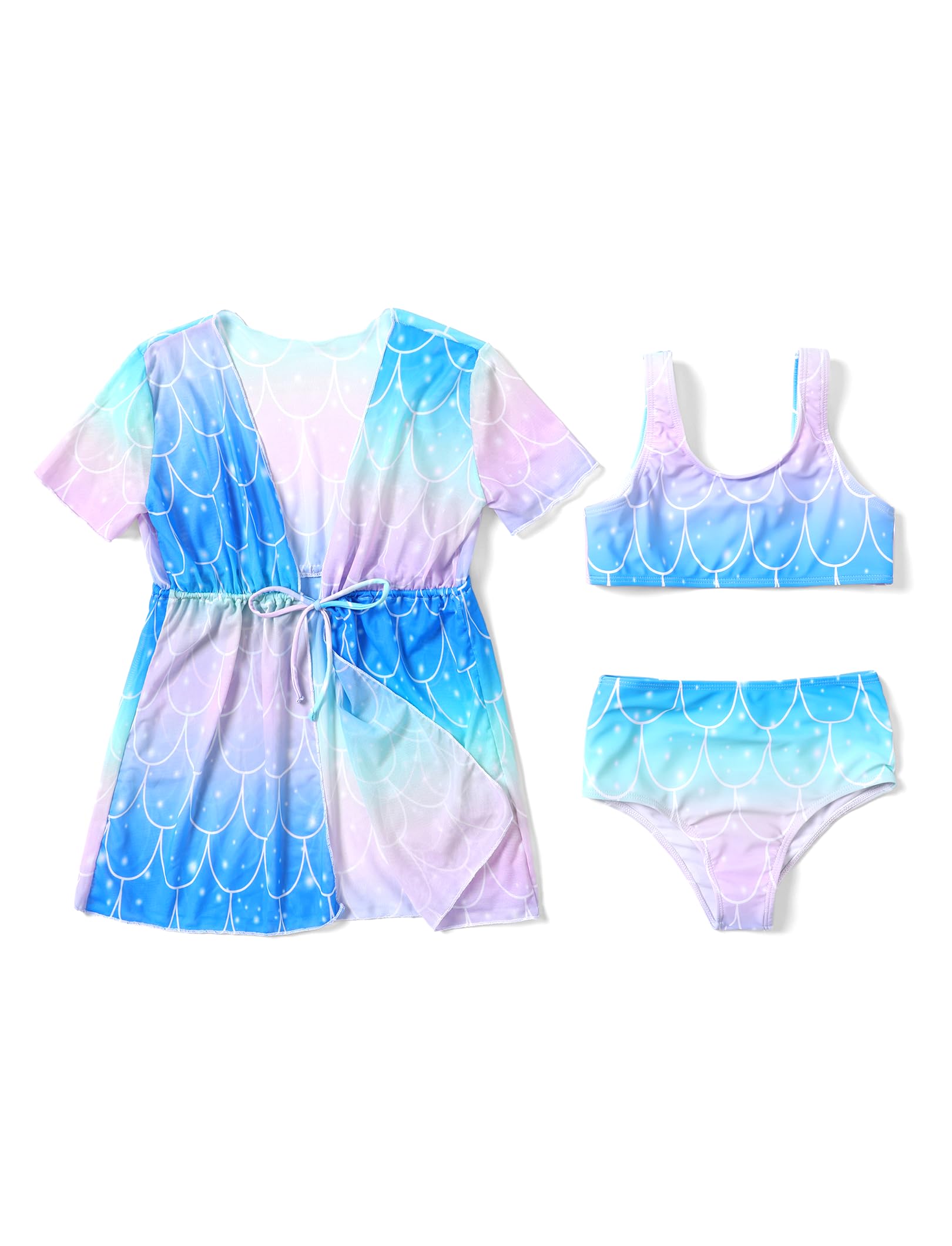 PATPAT Conjunto de bikini de 3 piezas para niñas, traje de baño bonito con cobertura de kimono de secado rápido para 5-12 años