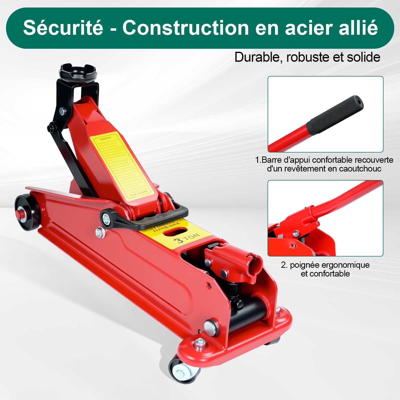 HYCHIKA Cric Hydraulique 3T Professionnel, Cric Voiture avec Roue Pivotante 360°, Levage 135-370mm pour Changement de Pneus (Voiture, SUV)