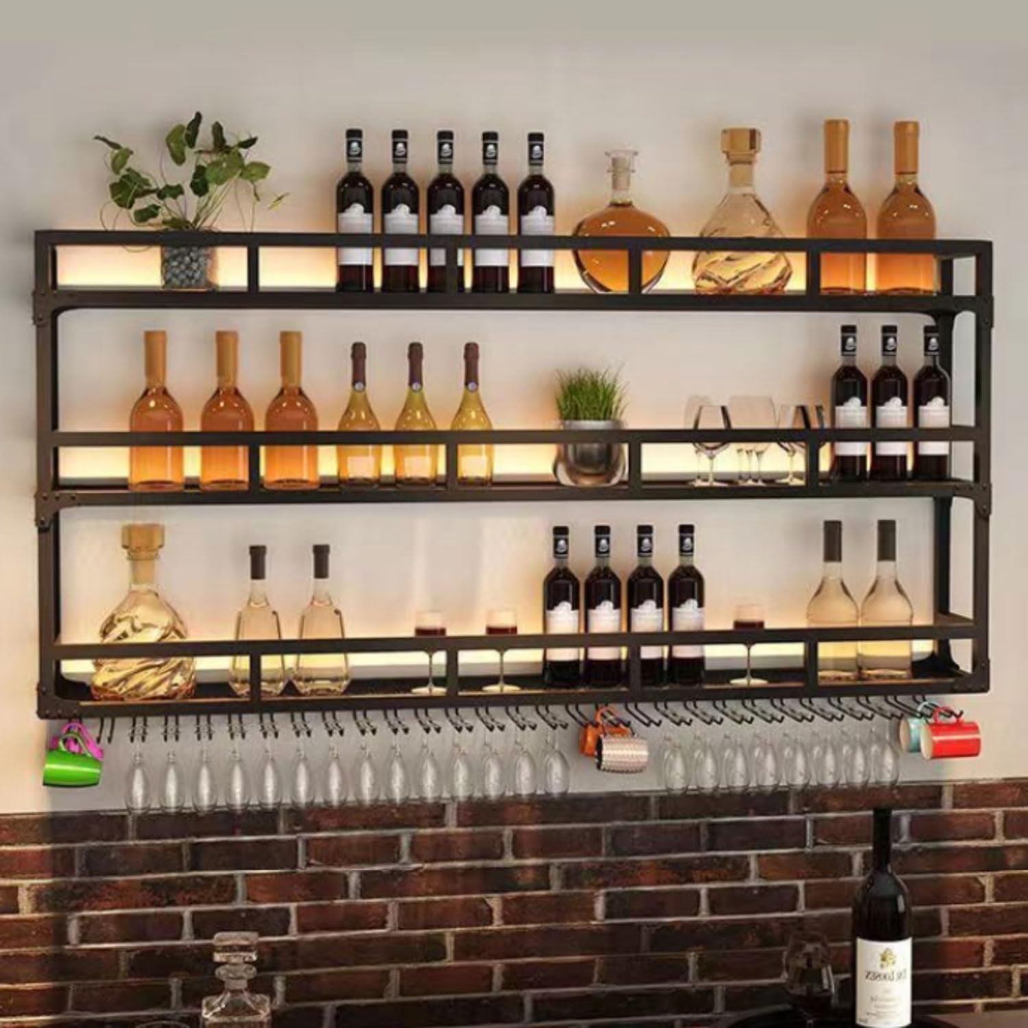 Casier à vin à LED mural en métal industriel élégant pour bouteilles