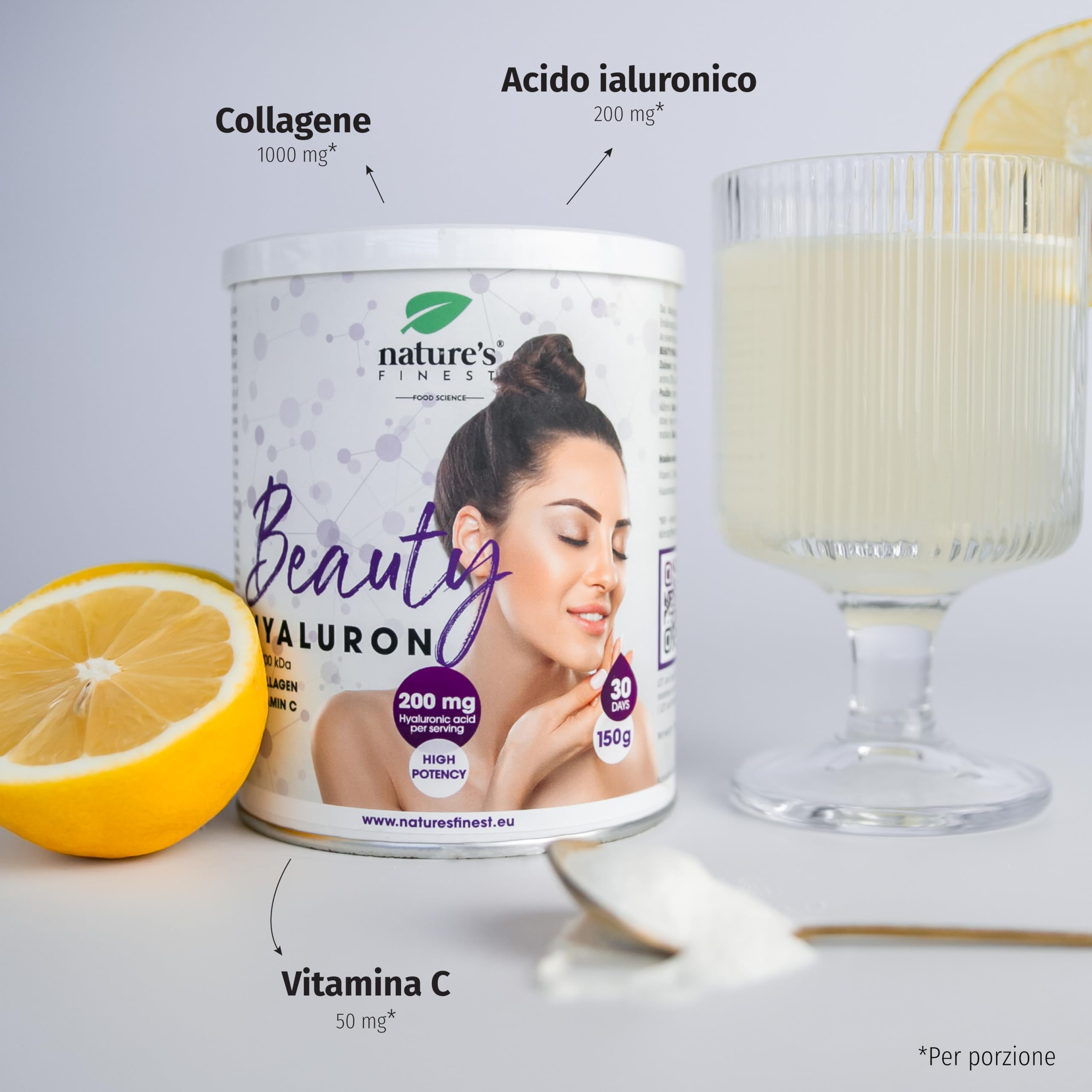 Nature's Finest Beauty Hyaluron - Collagene con Acido Ialuronico 200mg per Dose - Collagene Premium Complex e Vitamina C, Integratori per Pelle Flaccida, Capelli e Unghie