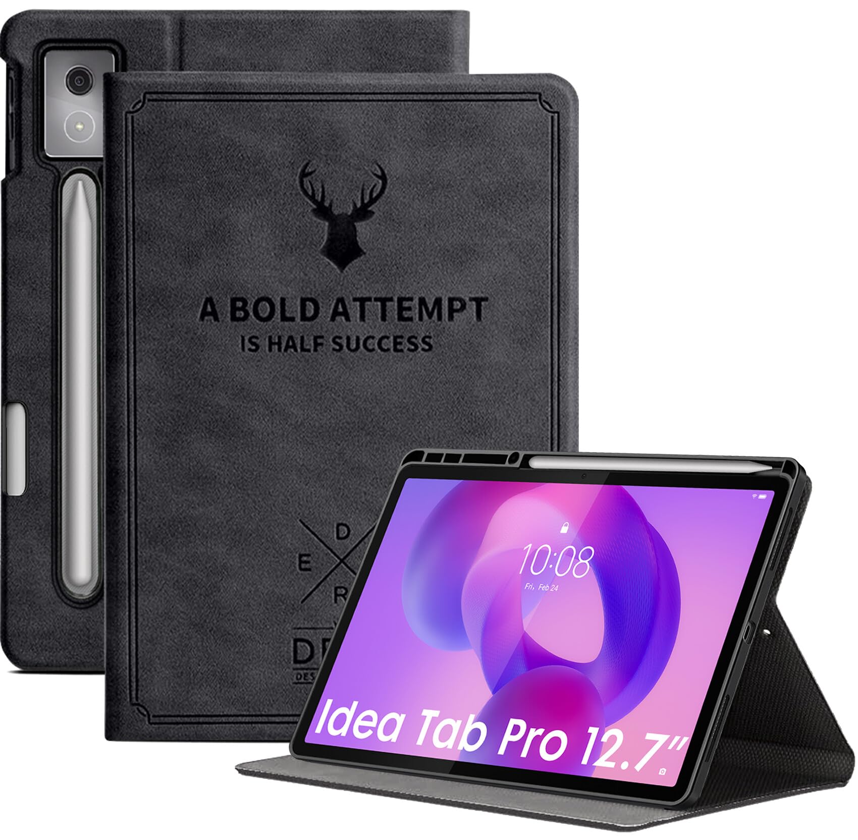 Robustrion Case for Lenovo Idea Tab Pro 12.7 inch Cover Case with [Pencil Holder], Deer Pattern Flip Cover for Lenovo Idea Tab Pro Cover 12.7 inch [Auto Sleep Wake Support] - Black-image-7