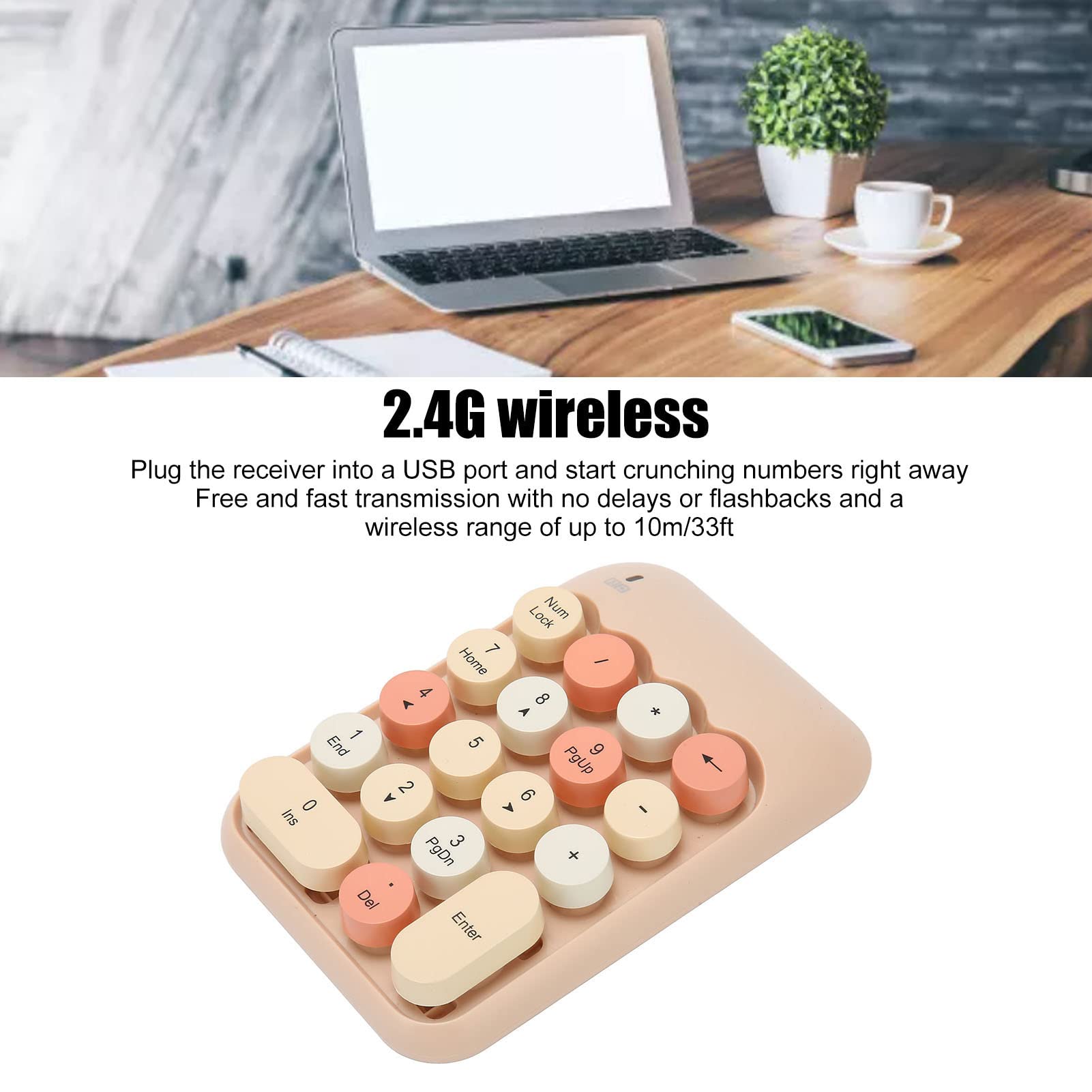 Bezprzewodowa klawiatura numeryczna, wielofunkcyjne okrągłe nakładki na klawisze, blok numeryczny 2,4 GHz z odbiornikiem USB do 11 do 7 do 8 do domu (kolor herbaty mlecznej, różne kolory)