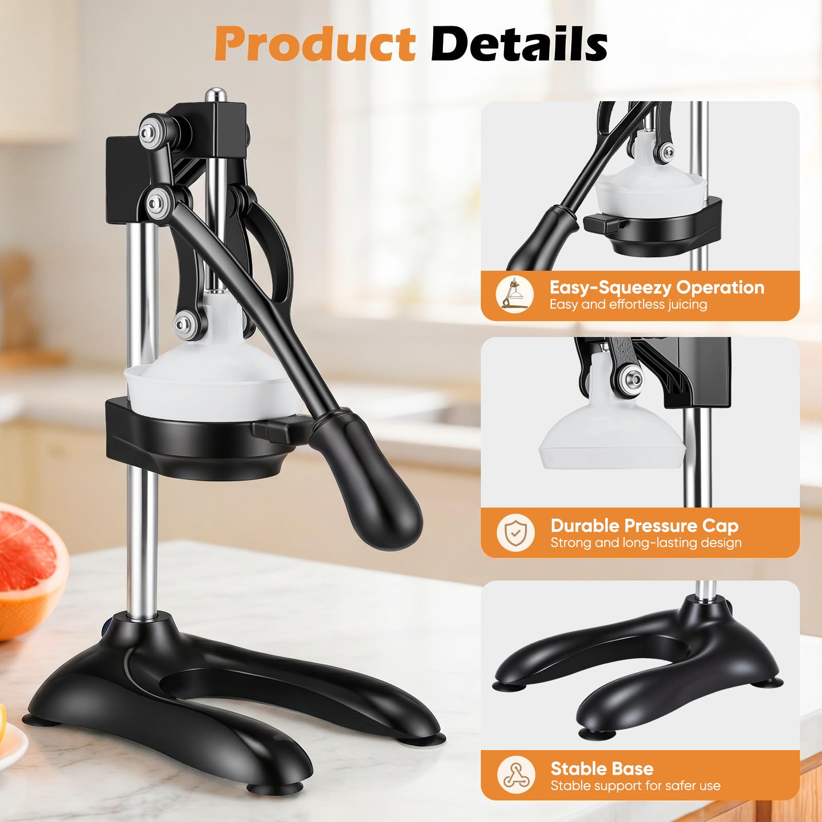 Spremiagrumi manuale, in acciaio inox resistente, spremiagrumi manuale per risparmiare manodopera con base antiscivolo, facile da pulire, spremiagrumi portatile per arancia, lime, anguria (nero)