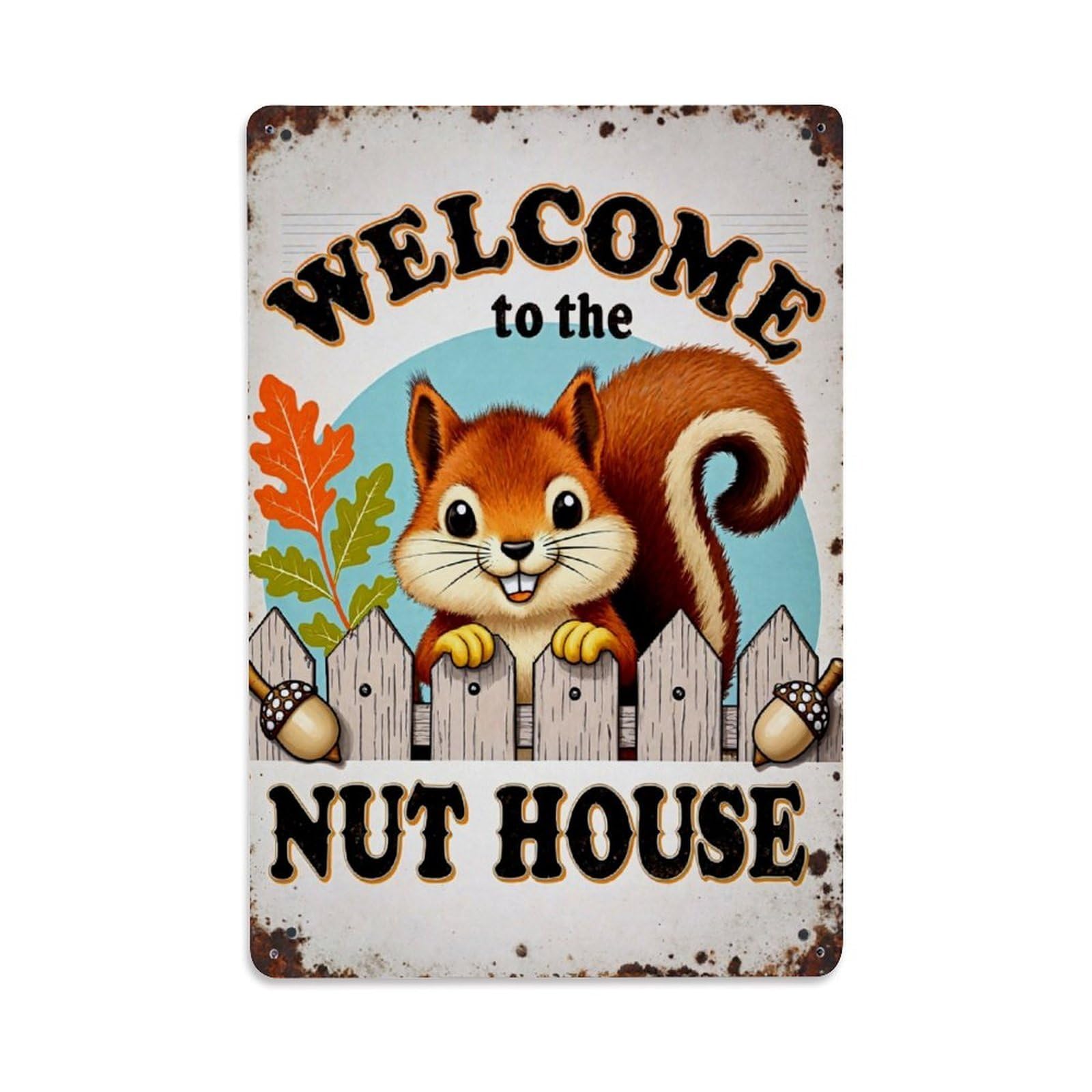 Squirrel Fence Acorns Leaves Sky Vintage Tin Sign Retro Metal Wall Decor Metal Poster, Home Bar Garage Farmhouse Cafe Wall Art Decoration 8x12Inches