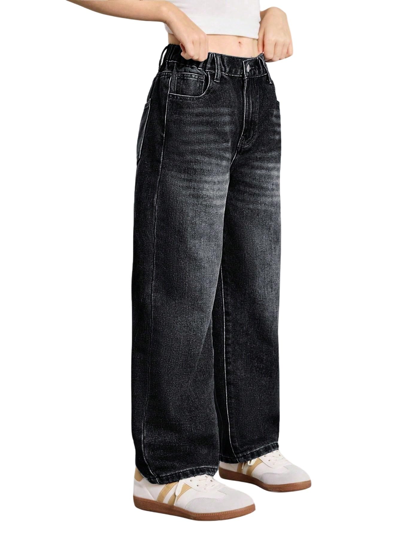 SOLY HUX Vaqueros para niña con bolsillos, pierna ancha, vaqueros con cremallera, cintura alta, vaqueros con botón, pantalones casuales