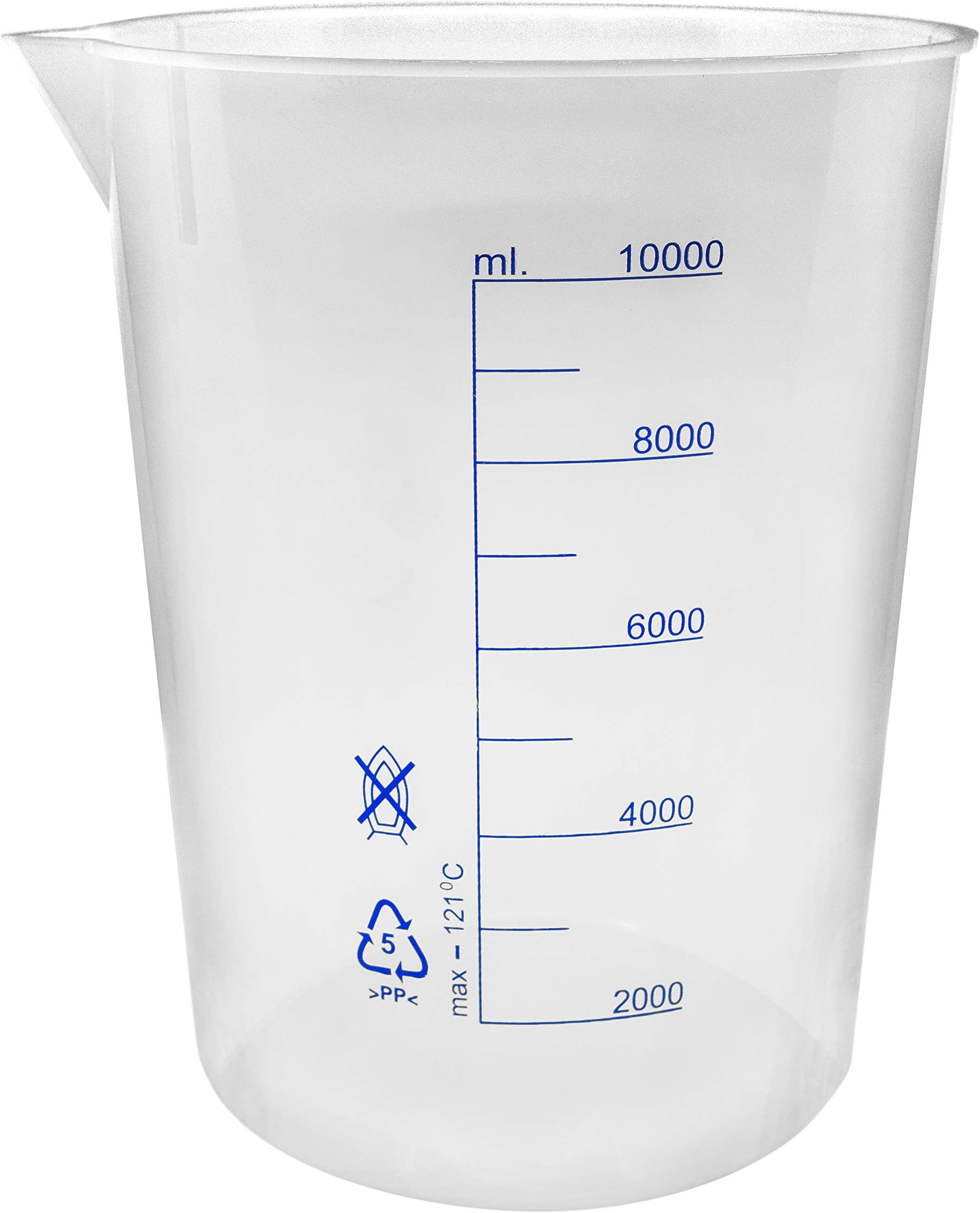10,000mL Polypropylene Beaker, Blue Graduations, Spout for Easy Pouring, Chemical Resistant, 13" Tall, 8" Diameter, Laboratory Measuring Container