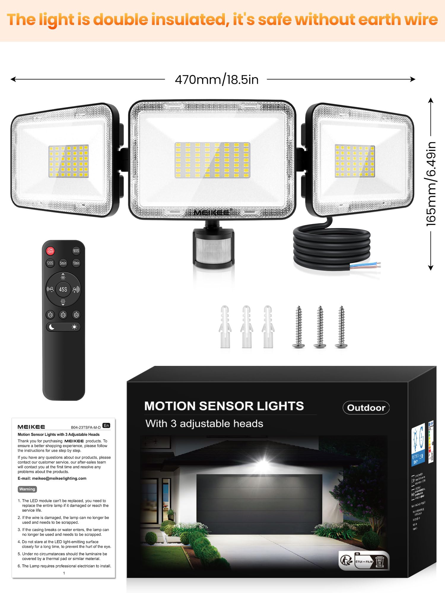 MEIKEE Foco LED con Sensor de Movimiento 70W 6580LM 6500K Blanco Frío Focos Led Exterior con Detector 3 Cabezas Luz de Seguridad Mando a distancia IP66 Impermeable para Jardín Patio Garaje Entrada