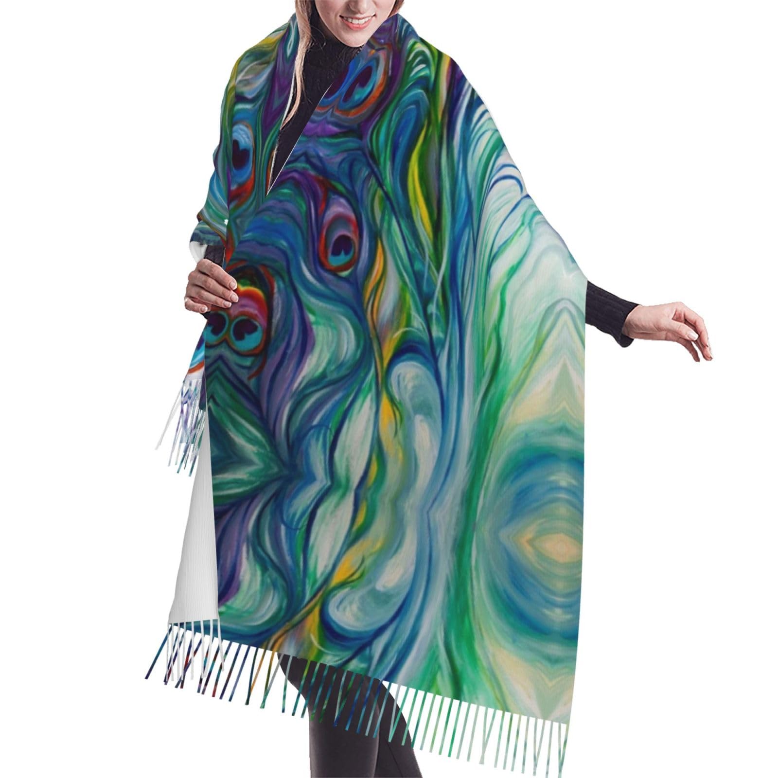 DNBCLEZK Peacock Feathers Luxury All-Over Print Cashmere-Like Scarf-Extra Long Soft Plush Warm Winter Wrap Shawl With Fringe(196x68cm)