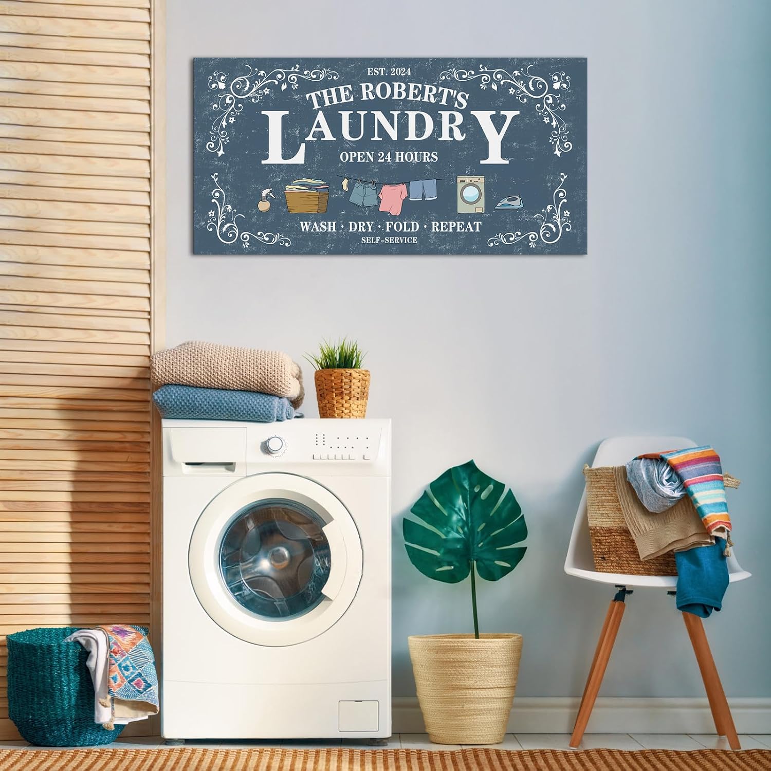 iLOOKLiKE Personalized Laundry Sign Canvas Wall Art for Laundry Room Decor Customize Family Name Pictures Painting Open 24 Hours Wash Dry Fold Repeat Signs Accessories Farmhouse Decoration Blue