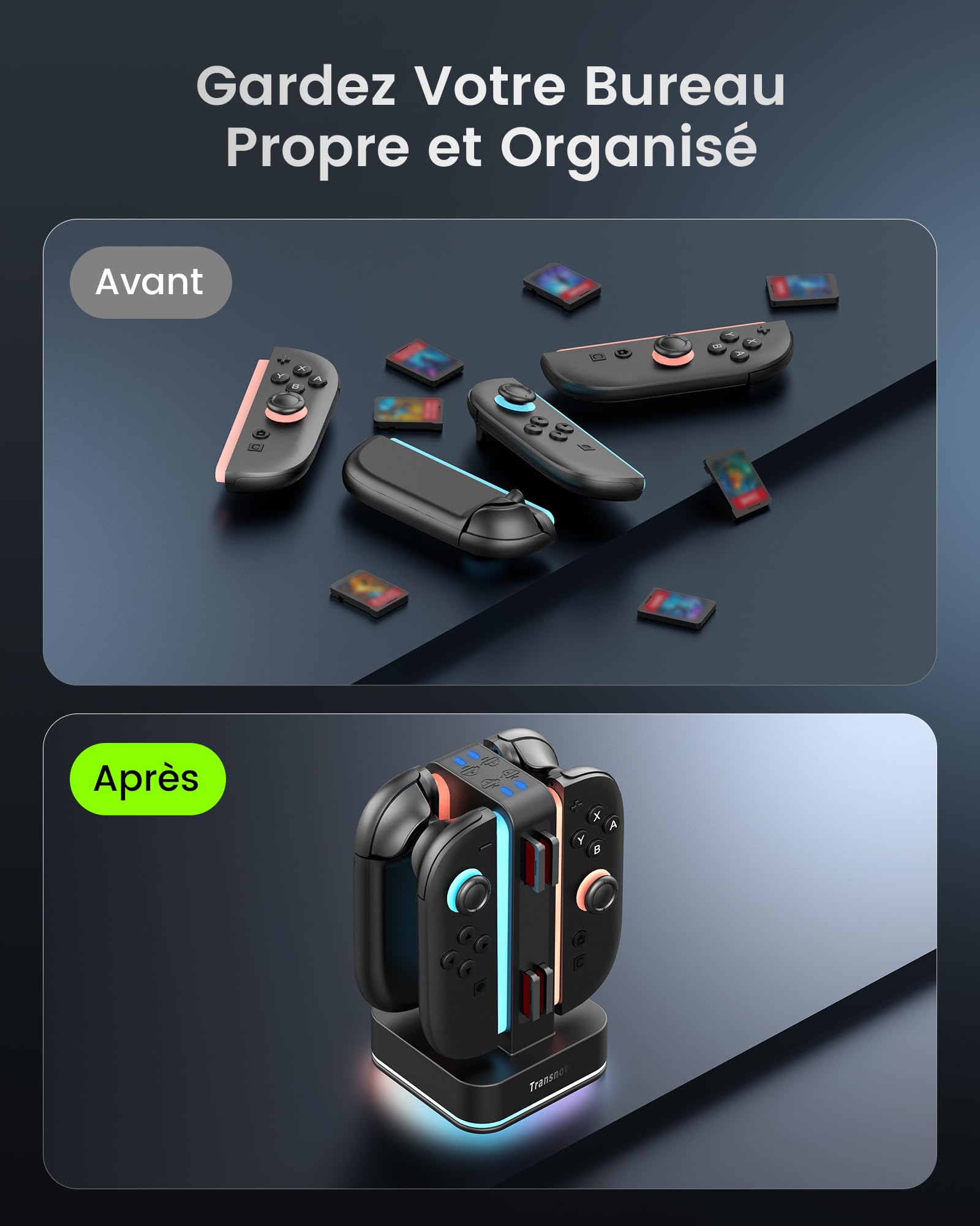TRANSNOVO Chargeur Compatible avec Nintendo Switch 2, Station de Charge 4 en 1 avec 8 Emplacements pour Cartes de Jeu, Indicateur LED, 9 Modes RGB Lumière Gaming, Charge Simultanée de 1 à 4 Joycon