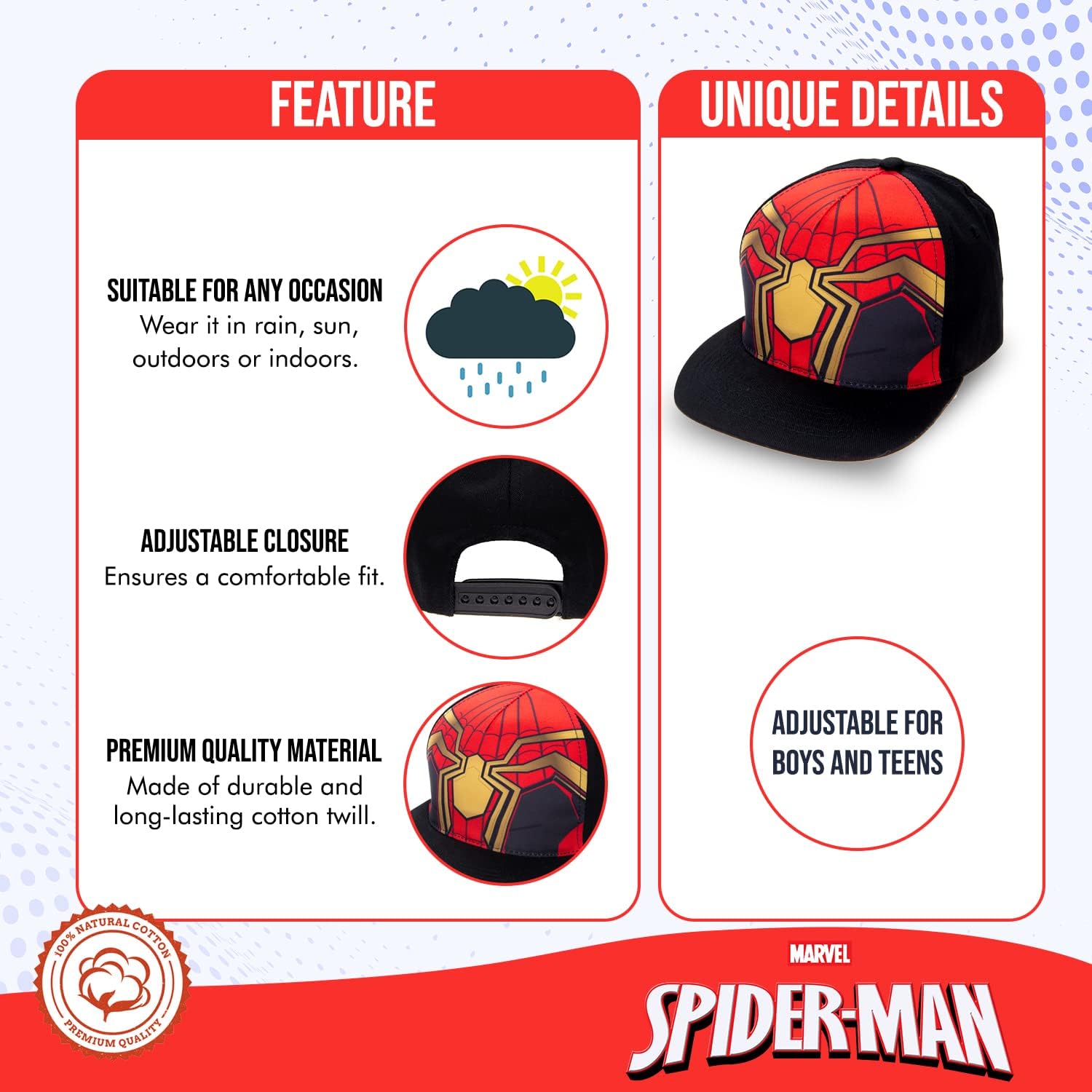 Marvel Spiderman Hat for Boys, Breathable Spiderman Baseball Cap for Toddlers, Boys Ages 3-9 - Image 2