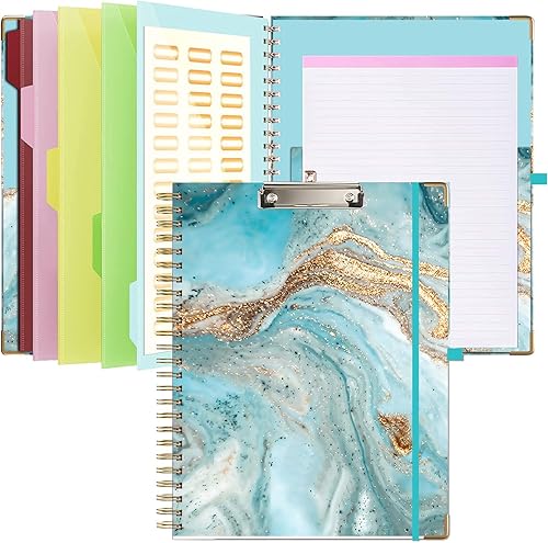 Hiyong Folio portapapeles con bloc de notas recargable, lindo portapapeles 5 divisores con 10 bolsillos, carpeta portapapeles en espiral con lazo