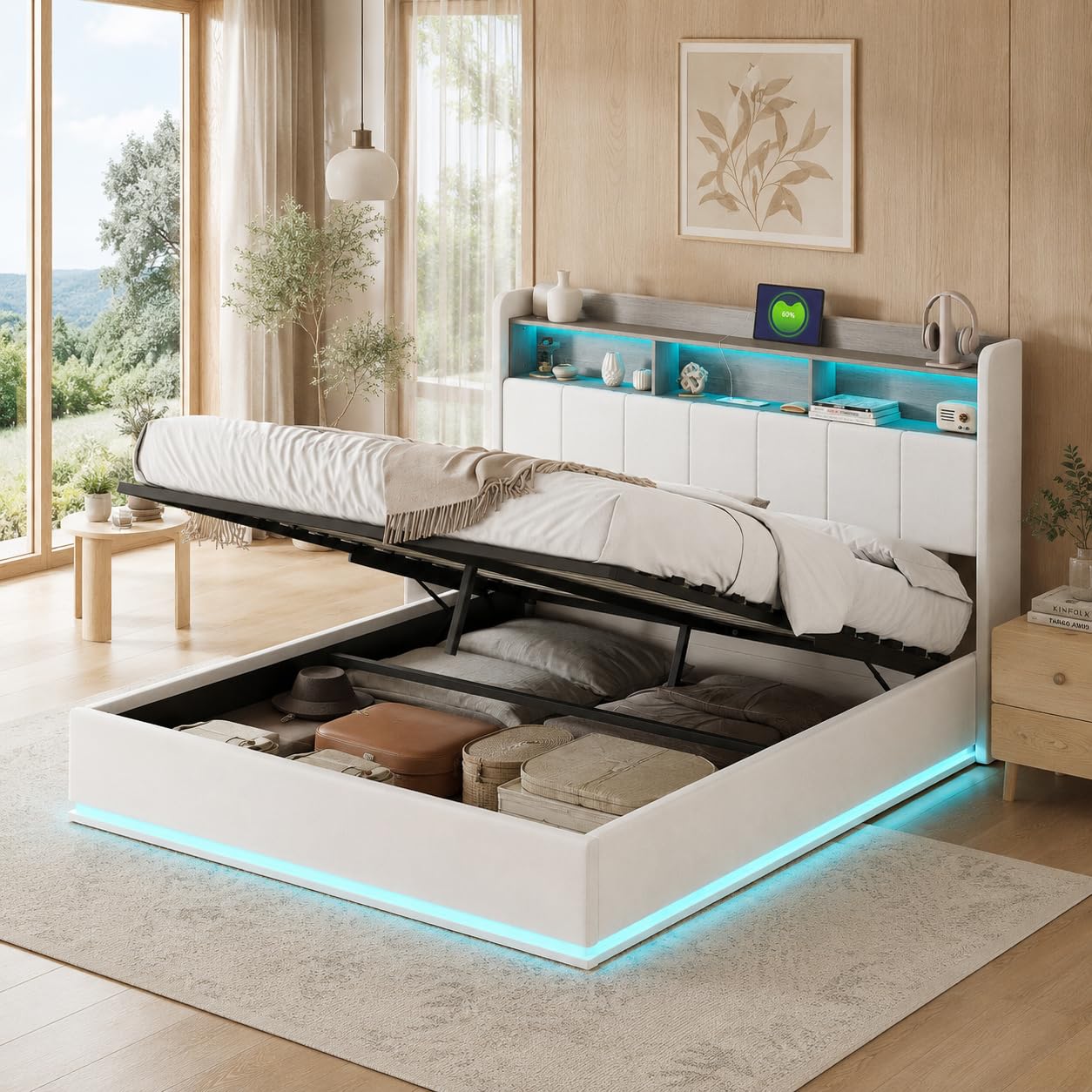 KeepGoon Letto matrimoniale contenitore 160x200 cm, letto imbottito in velluto bianco con rete a doghe, sollevamento idraulico, testiera con vani, LED e USB