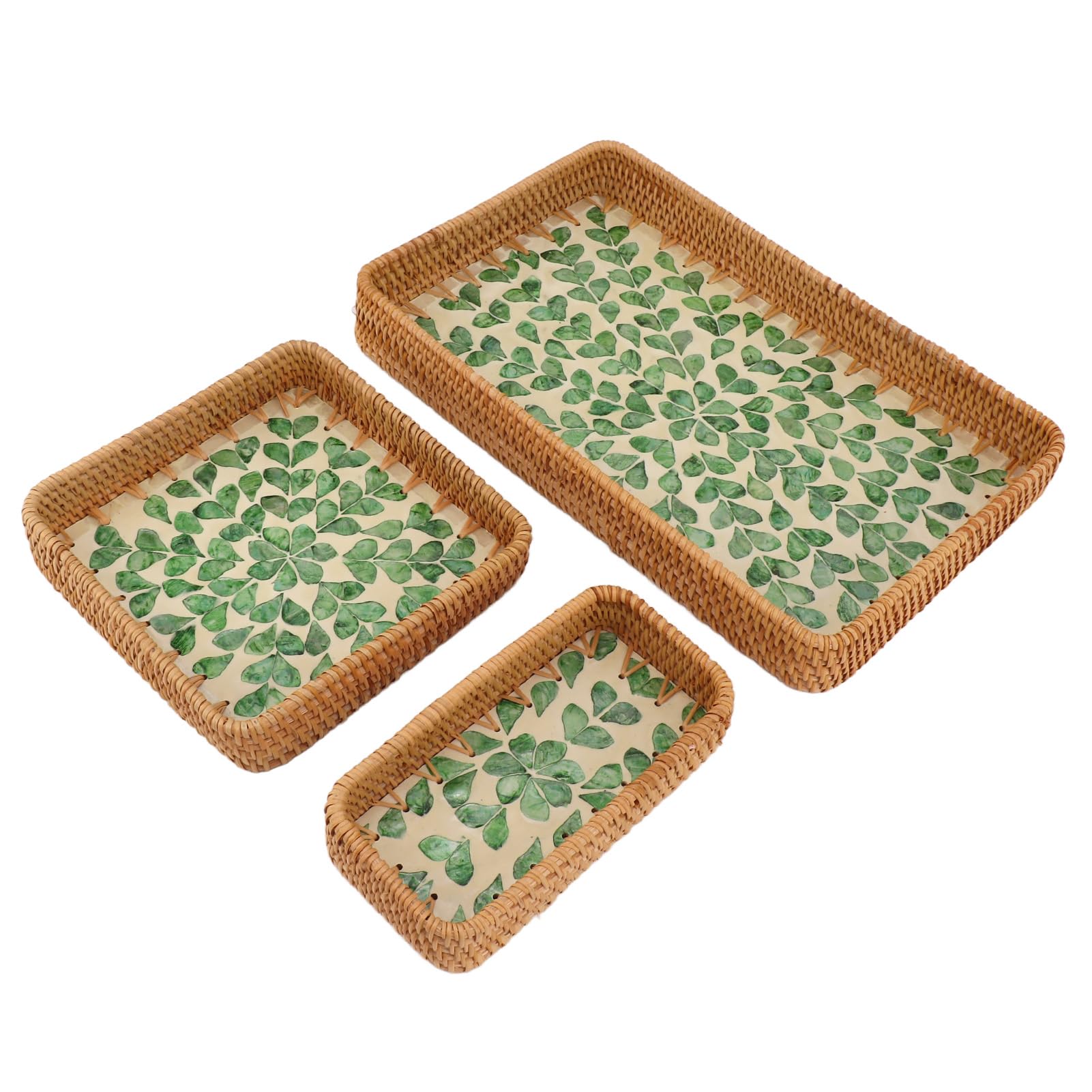 Bandeja Grande de Ratán para Servir, Cesta Mimbre Hecha a Mano, Organizador Cenar, café, Decoración del Hogar con 3 Tamaños (Sauce Verde)