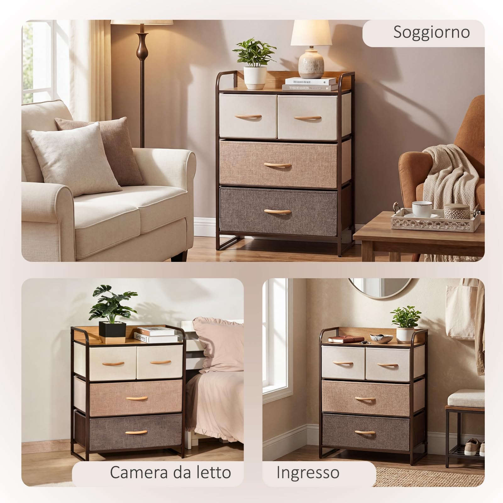 HOMCOM Mobile Cassettiera da Camera da Letto e Soggiorno, Cassettiera con 4 Cassetti Pieghevoli in Tessuto e Ripiano in MDF, 58x29x78.5cm, Multicolore