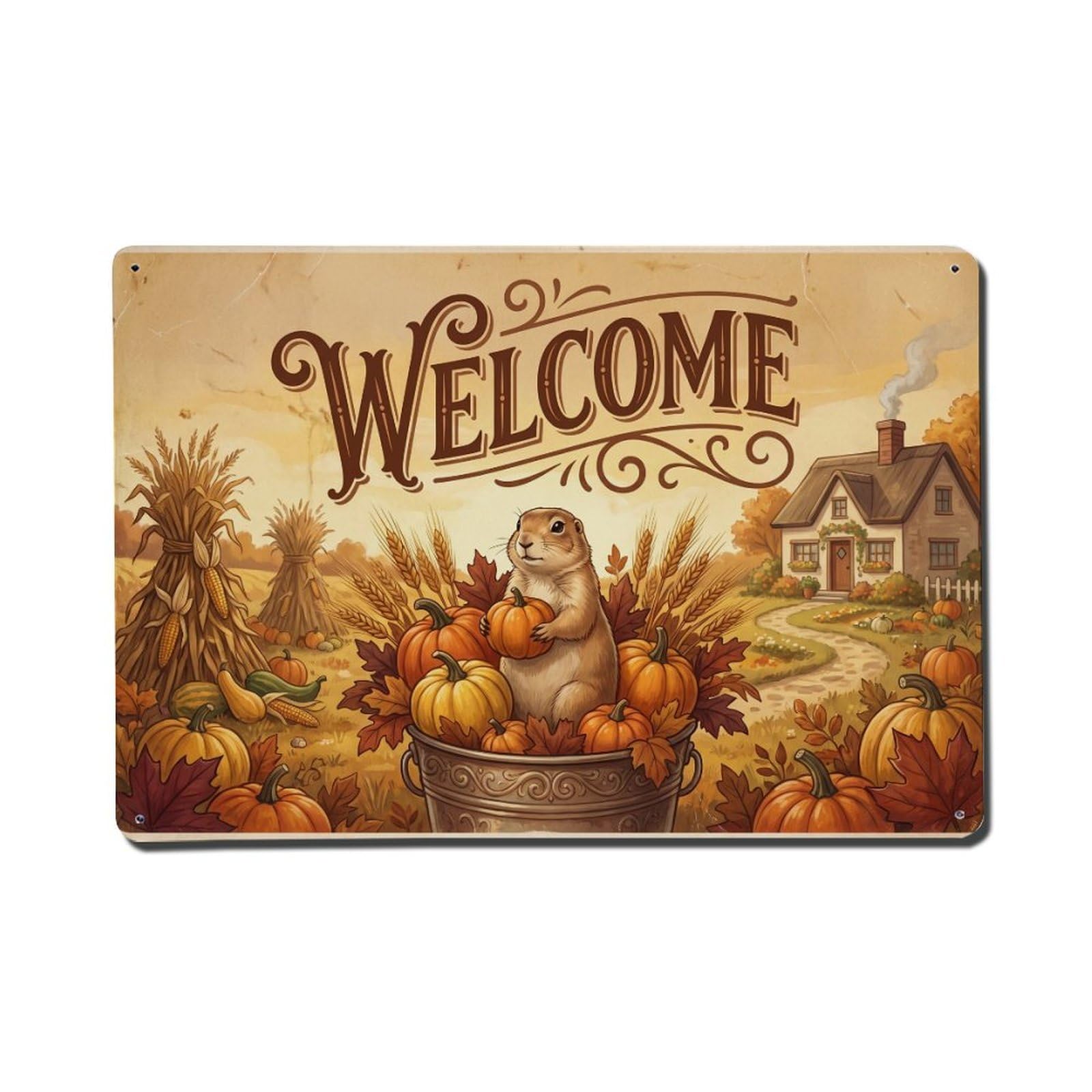 Vintage Welcome Prairie Dog Falling Leaves Metal Tin Sign