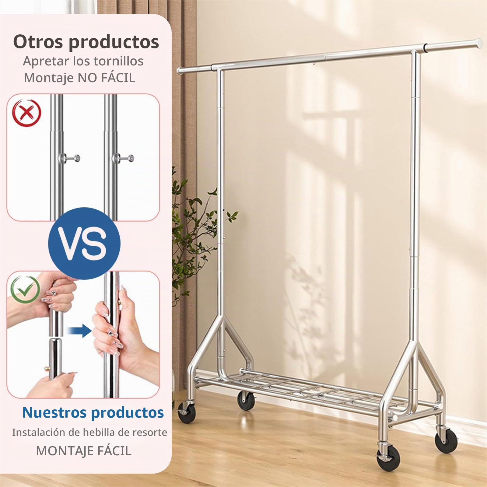 Perchero Burro Ropa,Extensible,Ruedas Grandes | 100% Acero Inoxidable,Carga 345 kg, Extensible con Estantes