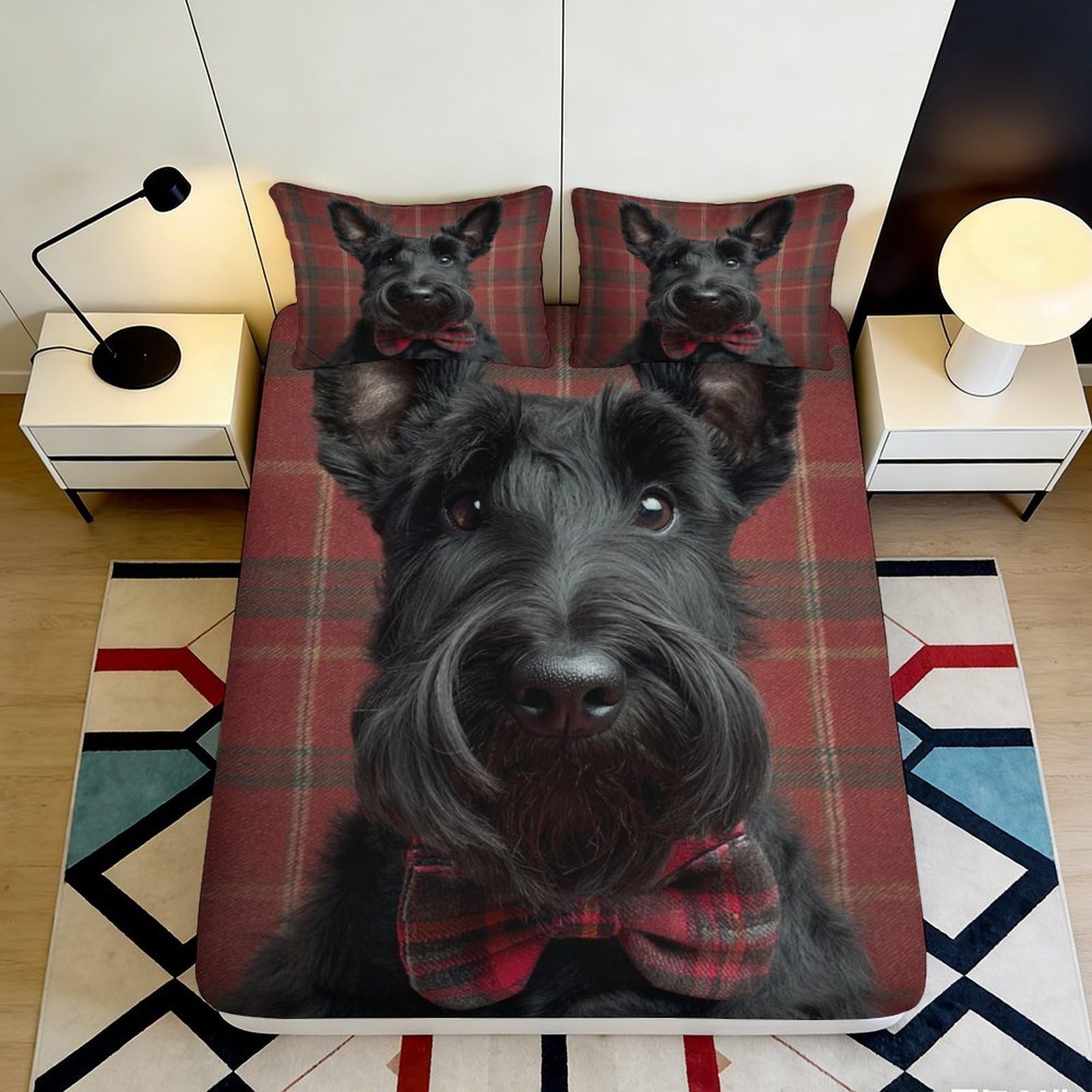 3D Printed Scottish Terrier Dog Fitted Sheet Microfiber Plaid Pattern Mattress Cover Bedroom Decor Easy Care 90x200x25cm