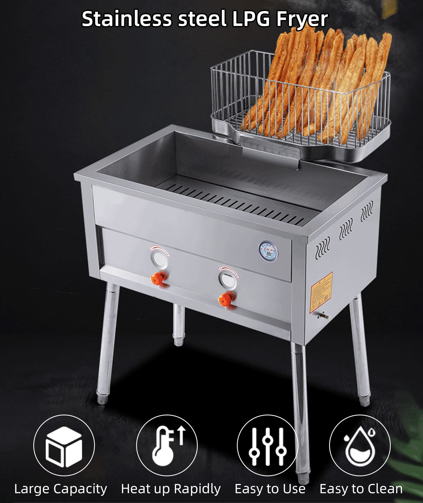 Freidora de gas comercial, freidora de restaurante de cocina independiente de acero inoxidable 23L, freidora de grasa profunda con cesta de drenaje extraíble, potencia de fuego ajustable, util