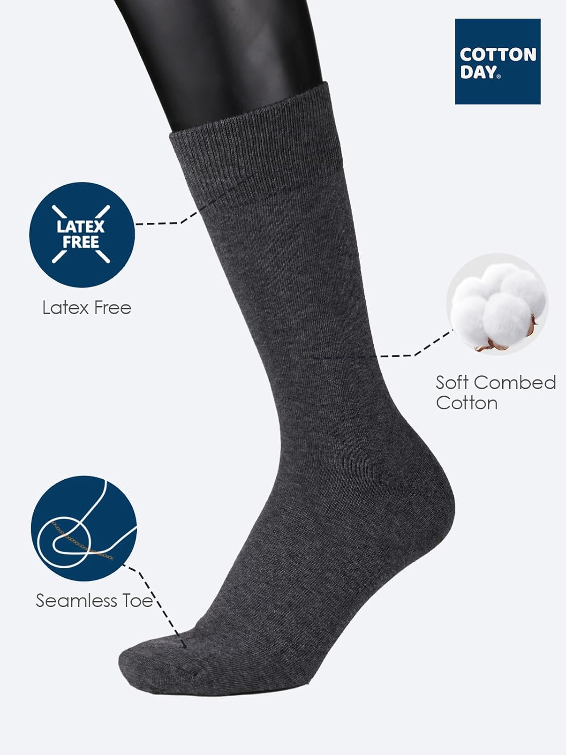 COTTON DAY Men's Premium Soft Combed Cotton Trouser Dress Socks Seamless Toe Black Navy Blue Striped - Image 3