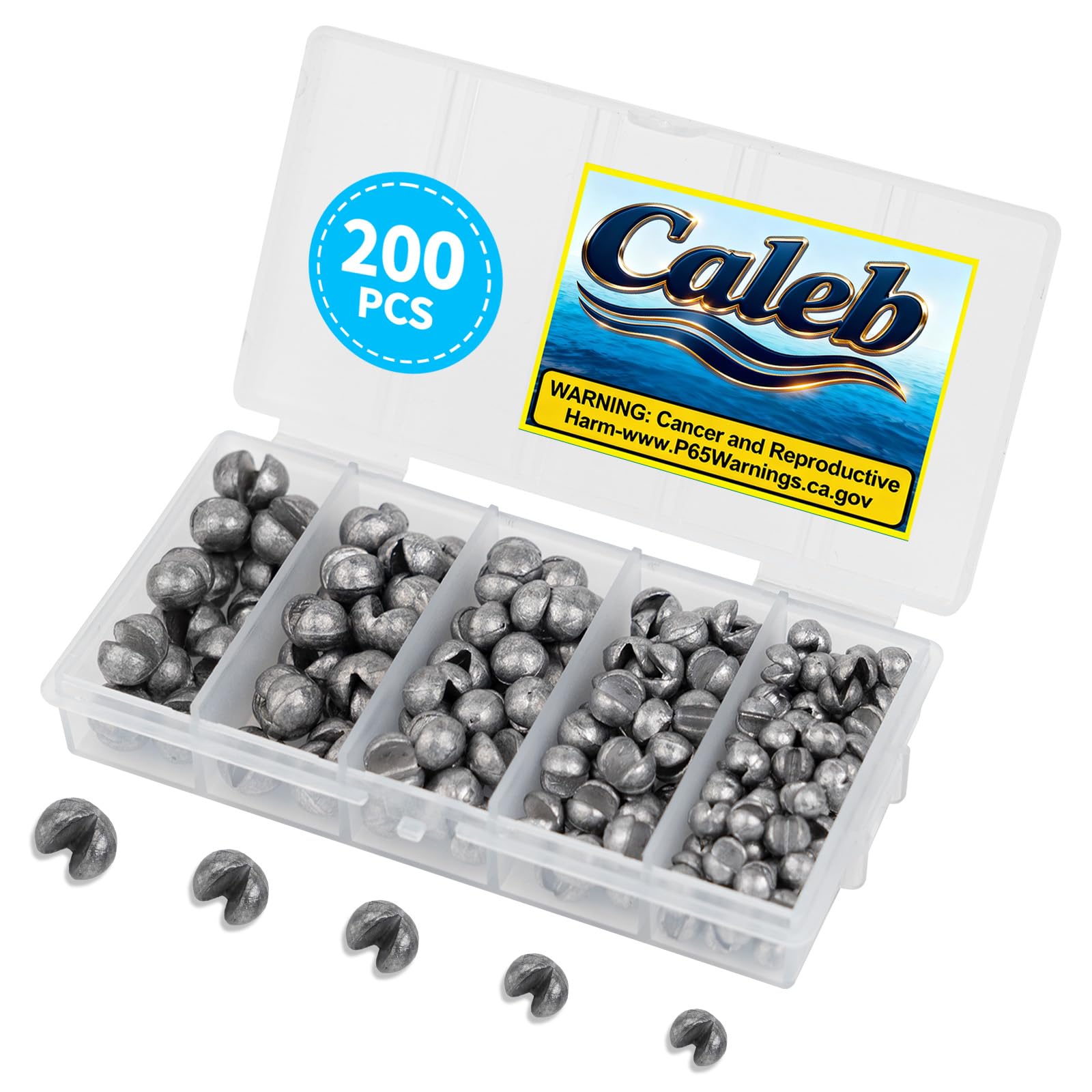 Caleb 200/320Pcs Split Shot Fishing Weights Sinkers, Removable Lead Fishing Weights, Premium Duckbill Reusable Fishing Sinkers for Freshwater Saltwater Bass Trout Fishing Accessories - 5/6 Sizes