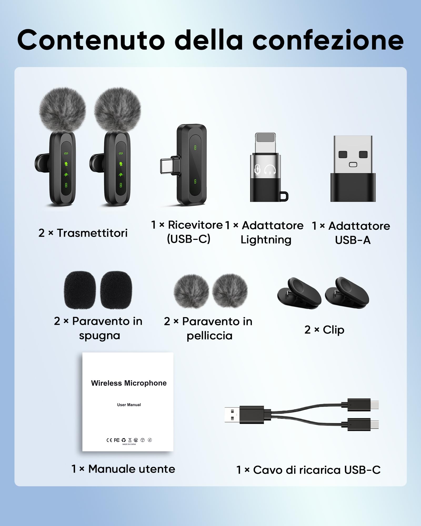 Microfono Lavalier Wireless per iPhone/Android/PC (Lightning/USBC/USB A), 2 Pack LED Display Mini Microfono Bluetooth con Mute/Reverb/Riduzione del Rumore per YouTube/Vlog (USBC+Lightning)