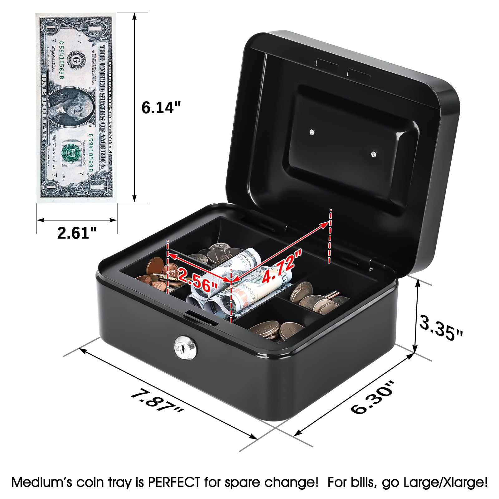Caja de dinero con bandeja de bloqueo, caja de dinero de metal portátil con doble capa y 2 llaves para seguridad, caja de bloqueo, 7,87 x 6,30 x 3,54 pulgadas, color negro