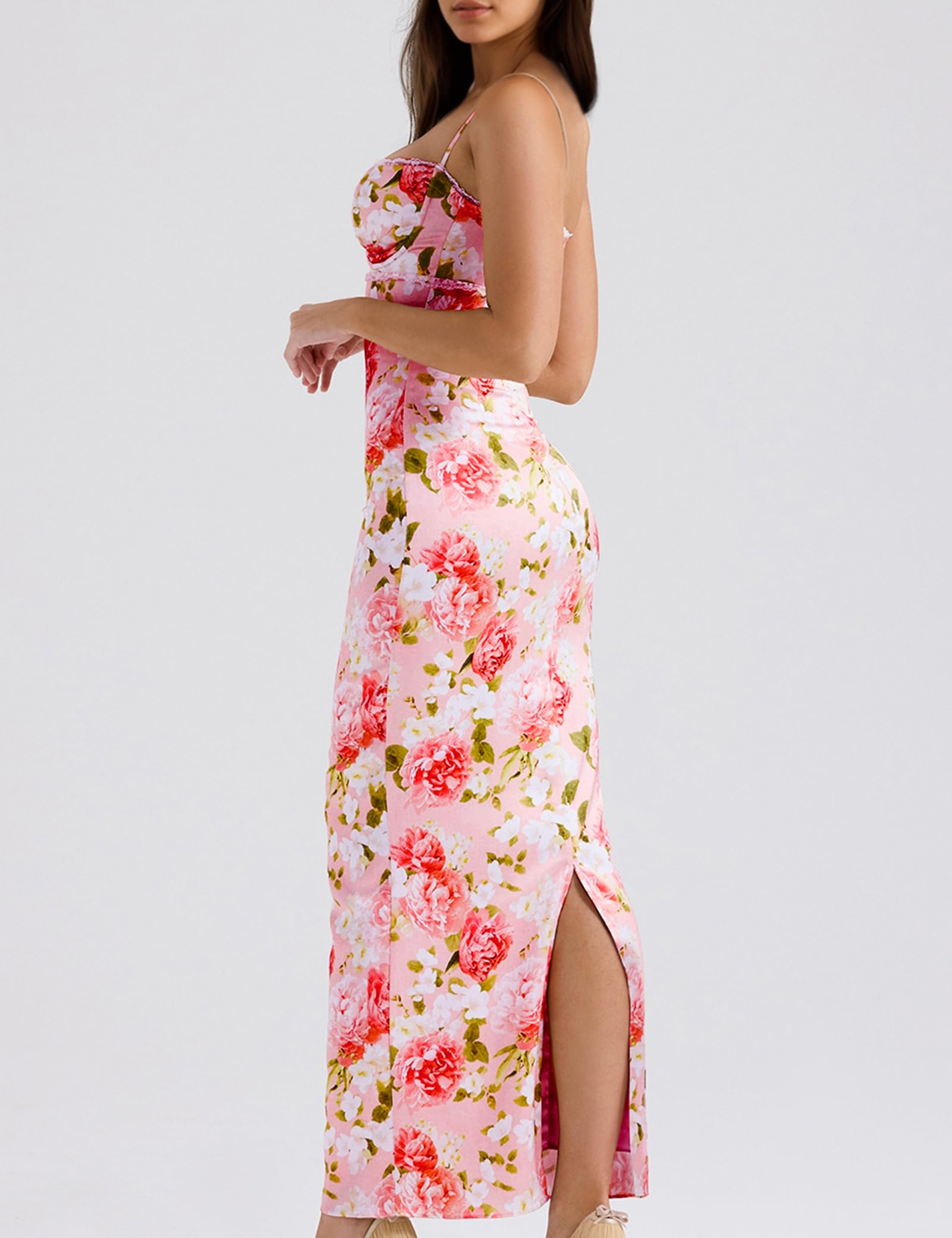Women Sexy Backless Satin Maxi Dresses Spaghetti Strap Floral Print Dresses Slim Fit Elegant Long Dresses Night Party Outfits