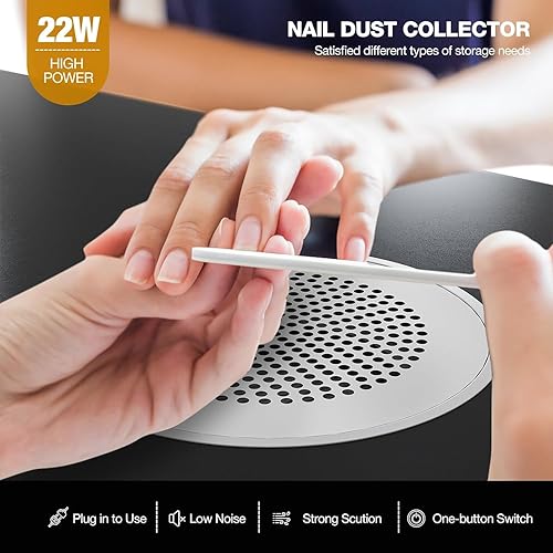 Miniatura 4 de Paddie Estación de uñas de mesa de manicura en forma de L con estantes, estación de mesa de uñas con colector de polvo, gabinetes de almacenamiento,