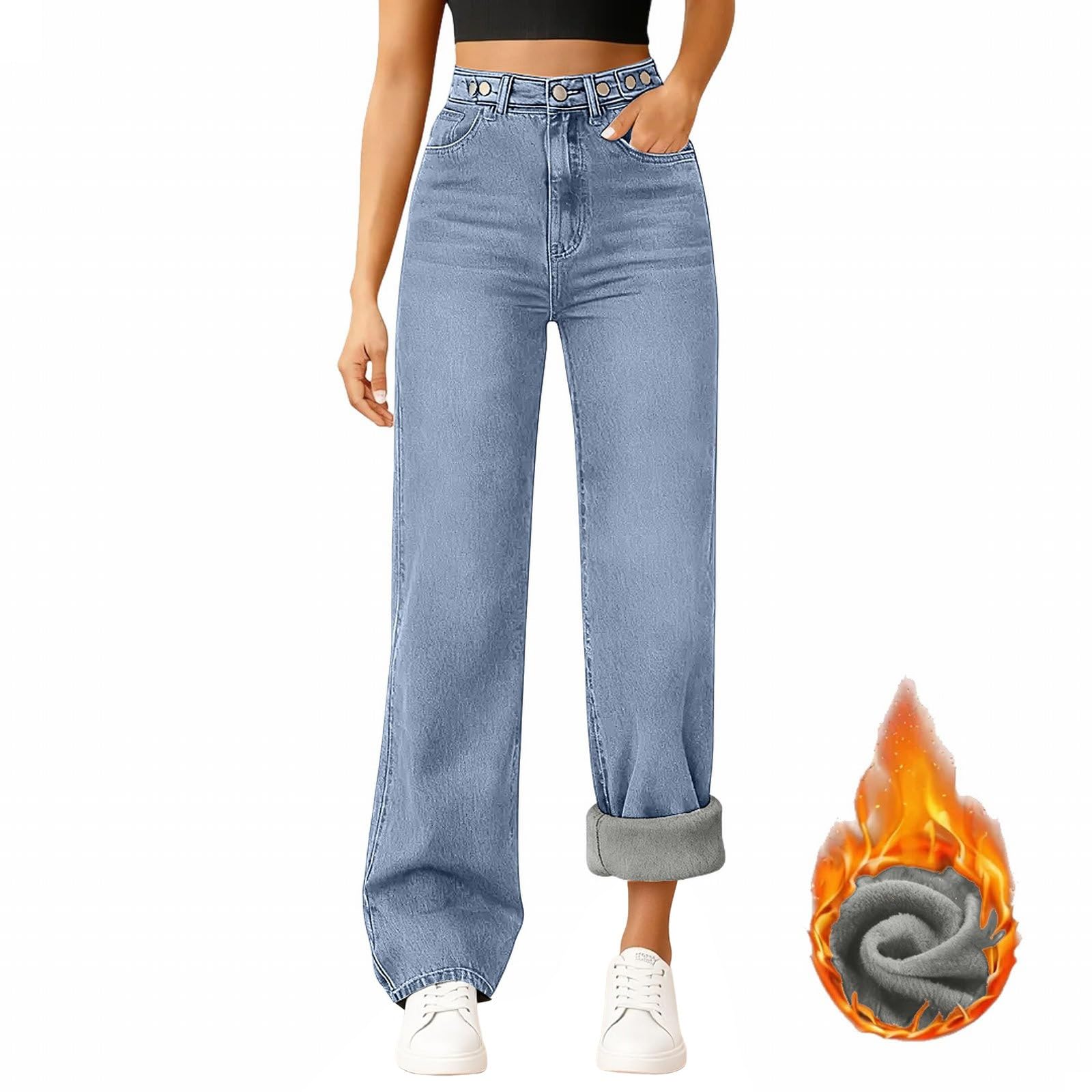 Pantalones vaqueros térmicos para mujer, forro polar, cintura alta, pantalones largos rectos, pantalones cálidos y cálidos, tallas grandes, para otoño e invierno, pantalones de chándal anchos y
