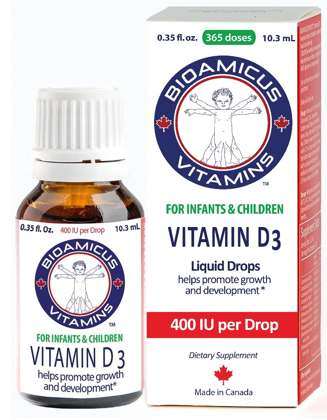 BioAmicus Vitamin D3 Liquid Drops. 1 dose, 1 Drop, 400 IU of Vitamin D3