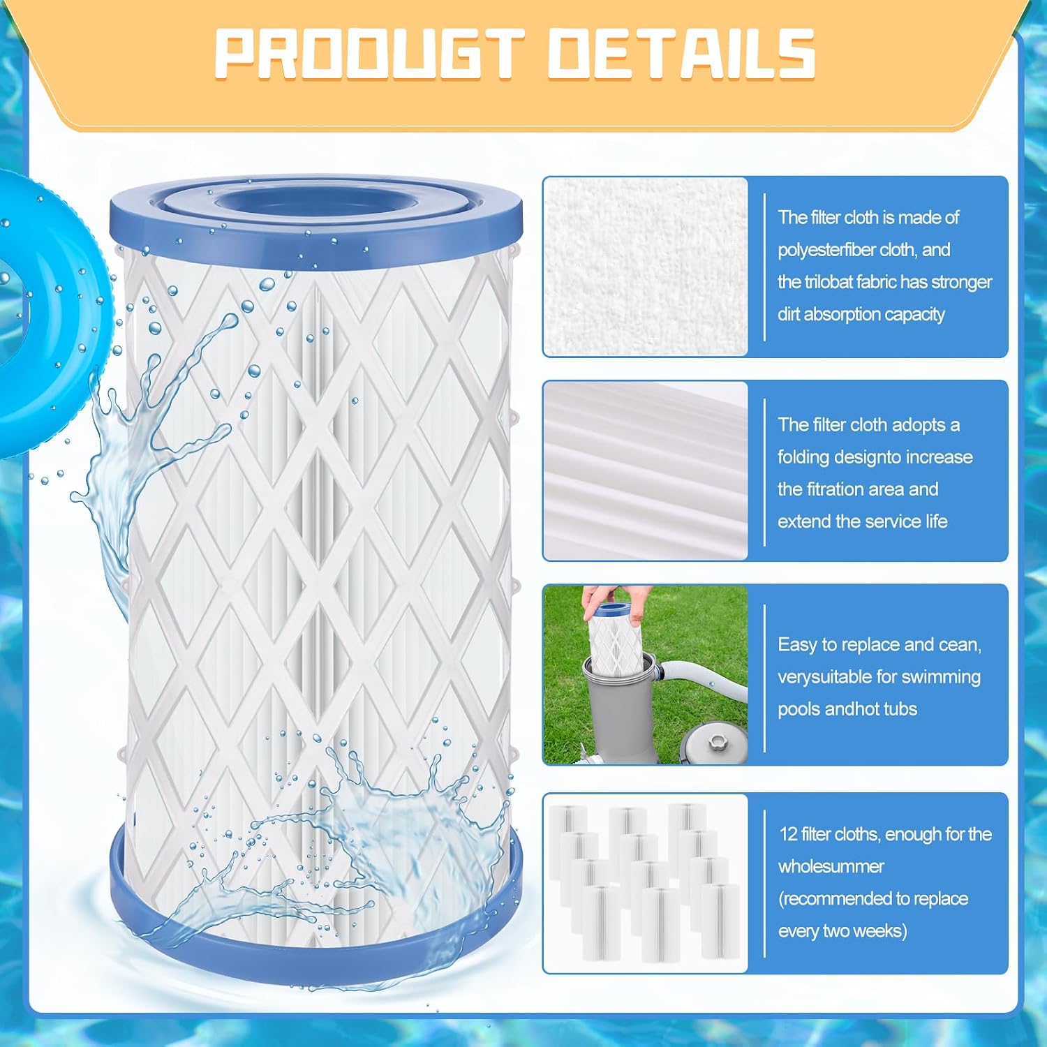 12 Pack Universal Pool Filters Type A Type C or III, Replacement for Pool Filter Cartridge Pump, Reusable Pool Filter Type A/C for Above Ground Swimming Pools, Efficient Filtration & Keep Water Clean
