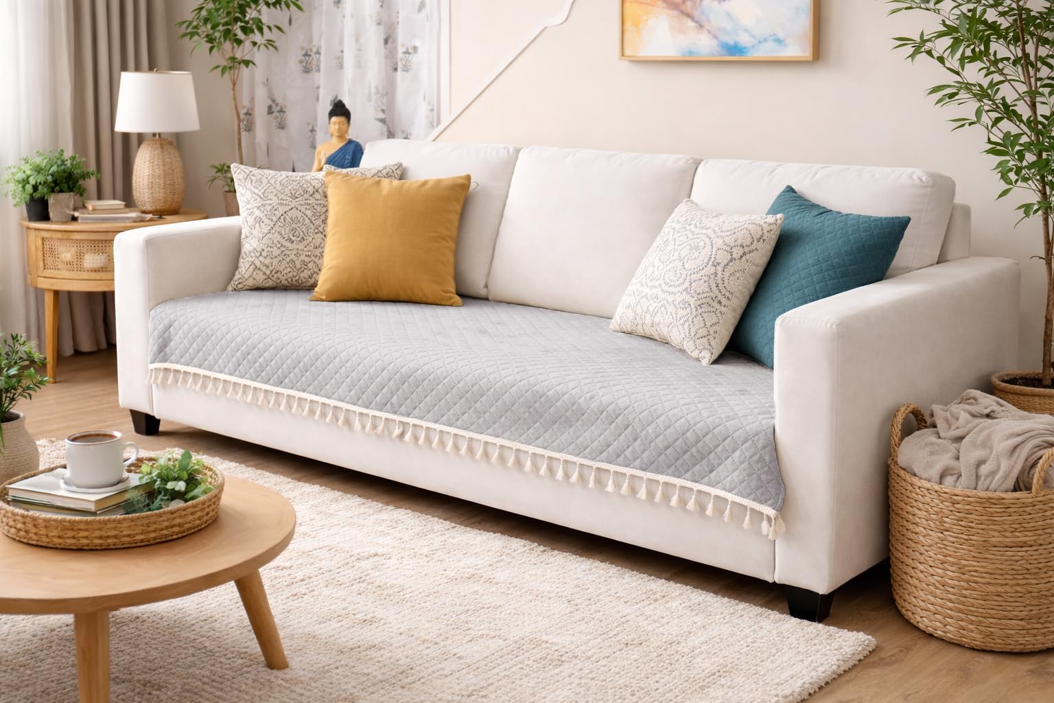 3-Seater Quilted Velvet Sofa Cover with Tassels | Geometric & Solid Color Design | Elegant Sofa Protector for Living Room | Soft, Washable & Stylish Home Decor (Grey)-image-6