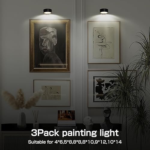 Miniatura 4 de Paquete de 2 luces de imagen para pinturas, funciona con pilas, con control remoto, 3 luces de exhibición, luz magnética regulable y temporizador de