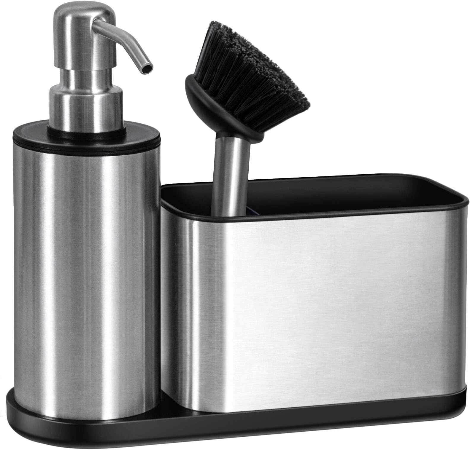 Kitchen Sink Caddy with Soap Dispenser, Multi-Purpose Liquid Dish Soap Dispenser with Brush and Stainless Steel Sponge Holder