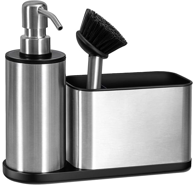 Oriware Kitchen Sink Caddy with Soap Dispenser, Multi-Purpose Liquid Dish Soap Dispenser with Brush and Stainless Steel Sponge Holder