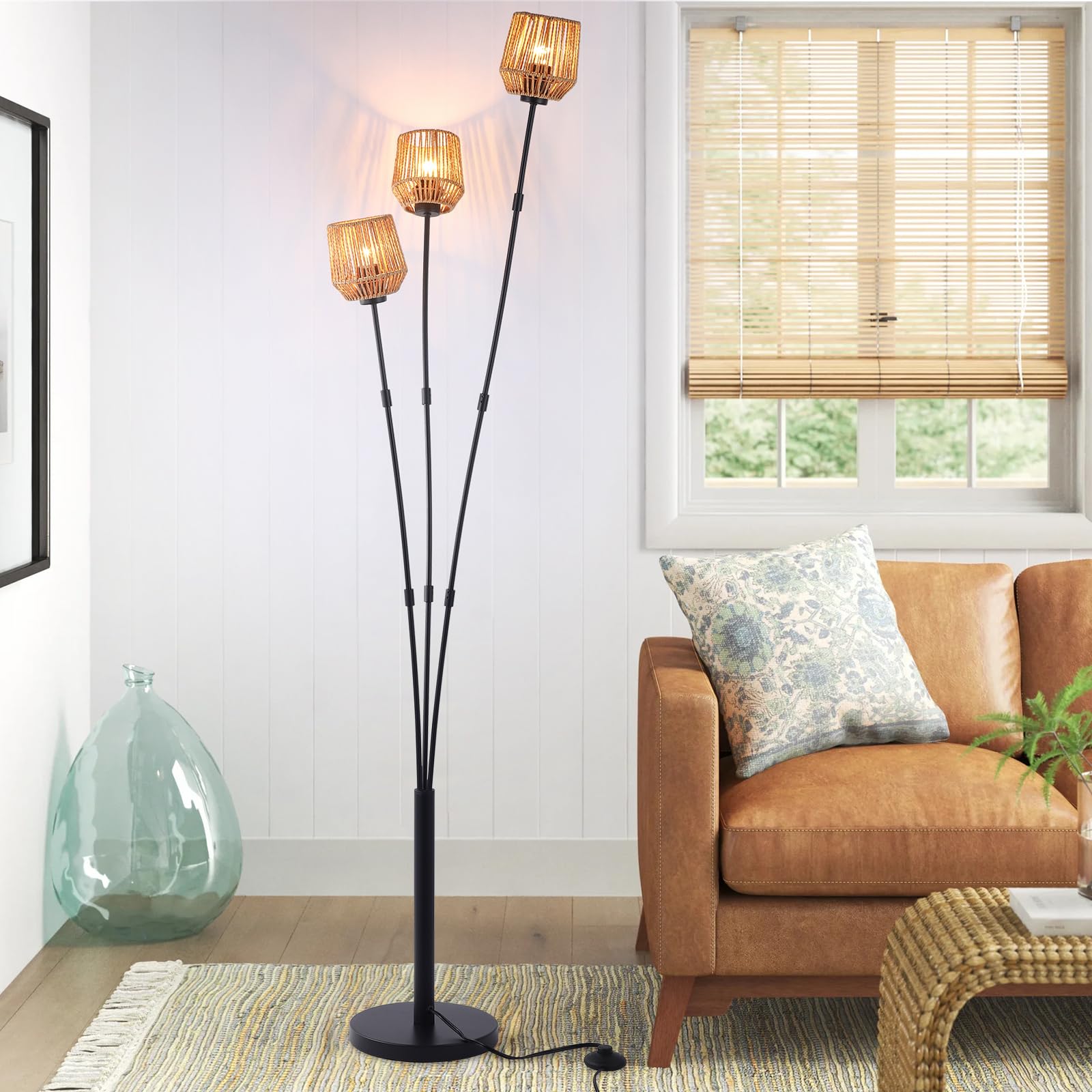 Ganeed Modern Rattan Floor Lamp, Boho 3-Bulb Vintage Floor Lampshade with Foot Switch, Industrial Tall Tree Standing 165cm Reading Lamp for Bedroom, Living Room, Office, Corner, E27 Bulbs Included
