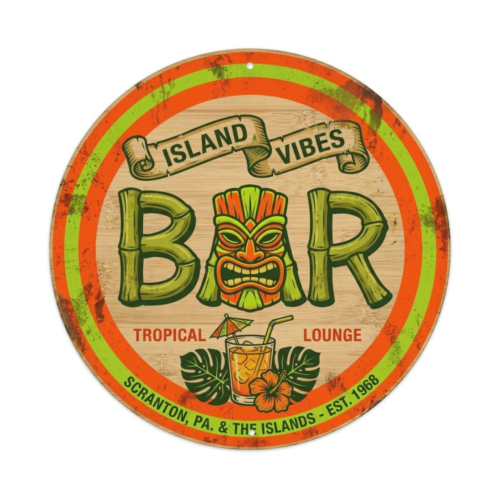 BAR Tiki Lounge Plate Metal Tin Sign Plaque Wall Decor for Cafe, Club Bar, Office, Home Garden Round Metal Poster 8x8Inch