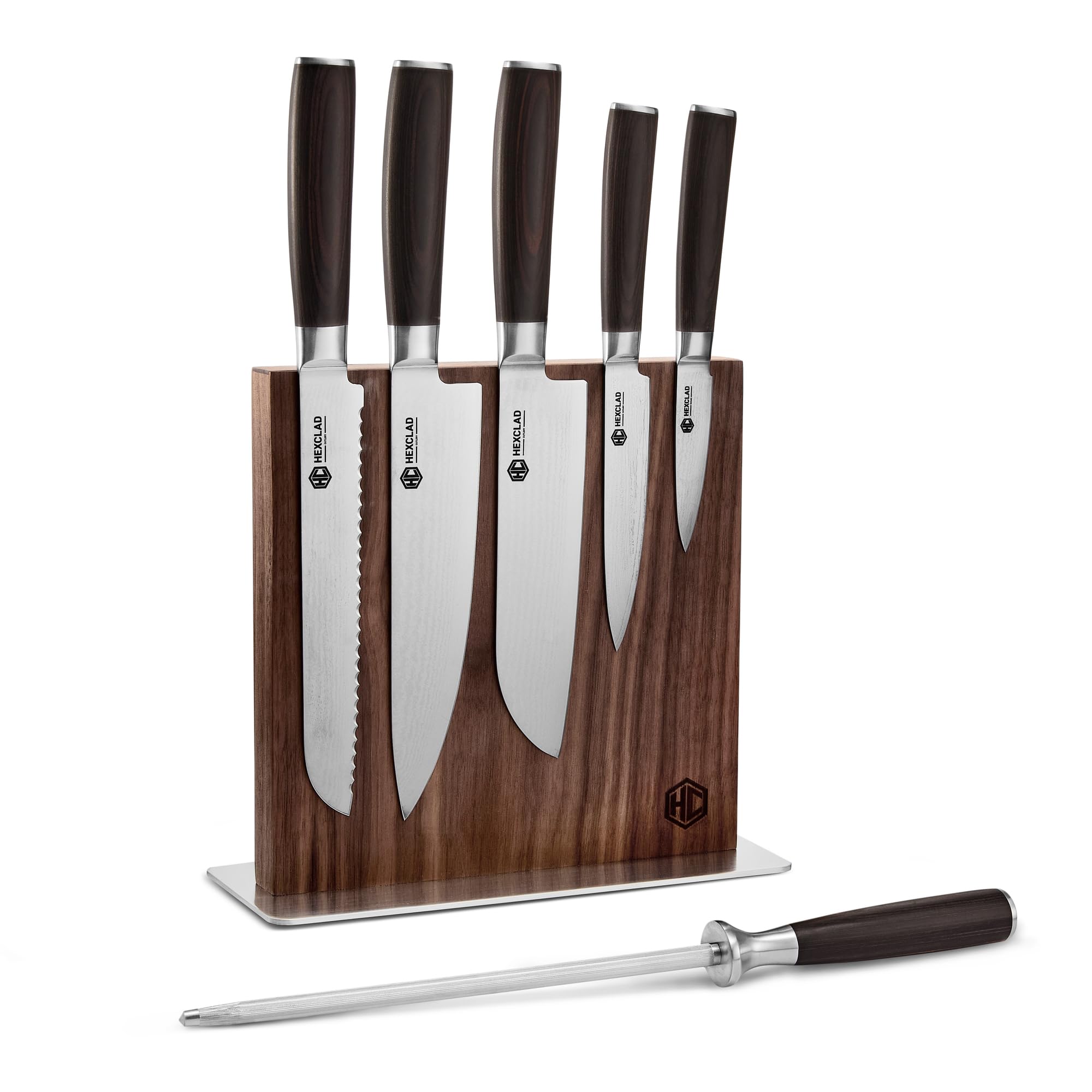 HexClad Espresso 7 Piece Japanese Damascus Steel Knife Set with Knife Block