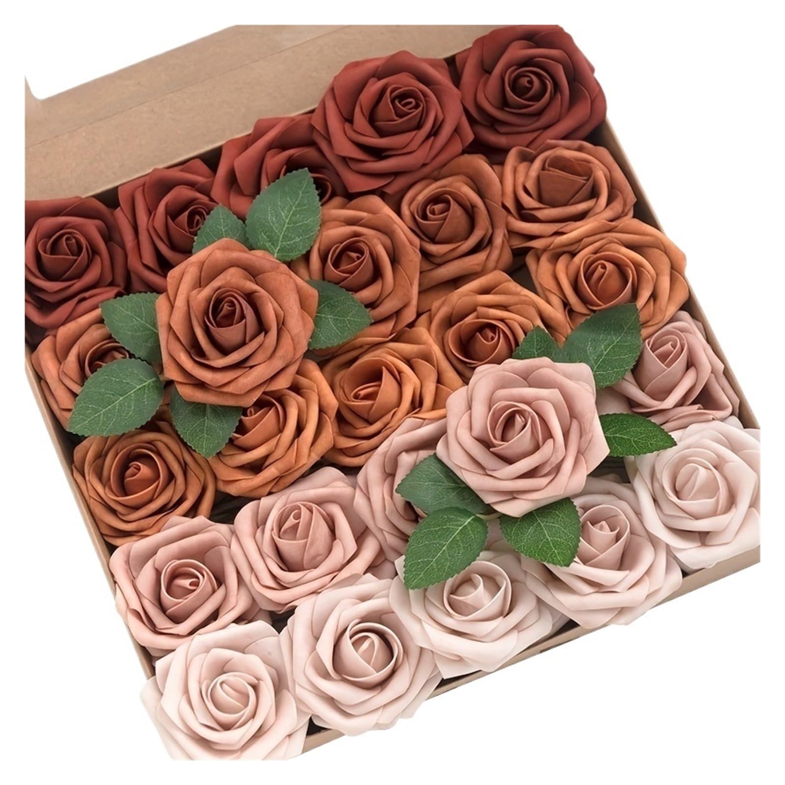 MWAHJU Artificial Flowers 25pcs Real Looking Terracotta Ombre Colors Foam Fake Roses With Stems For DIY Wedding Bouquets Bridal Shower For Home