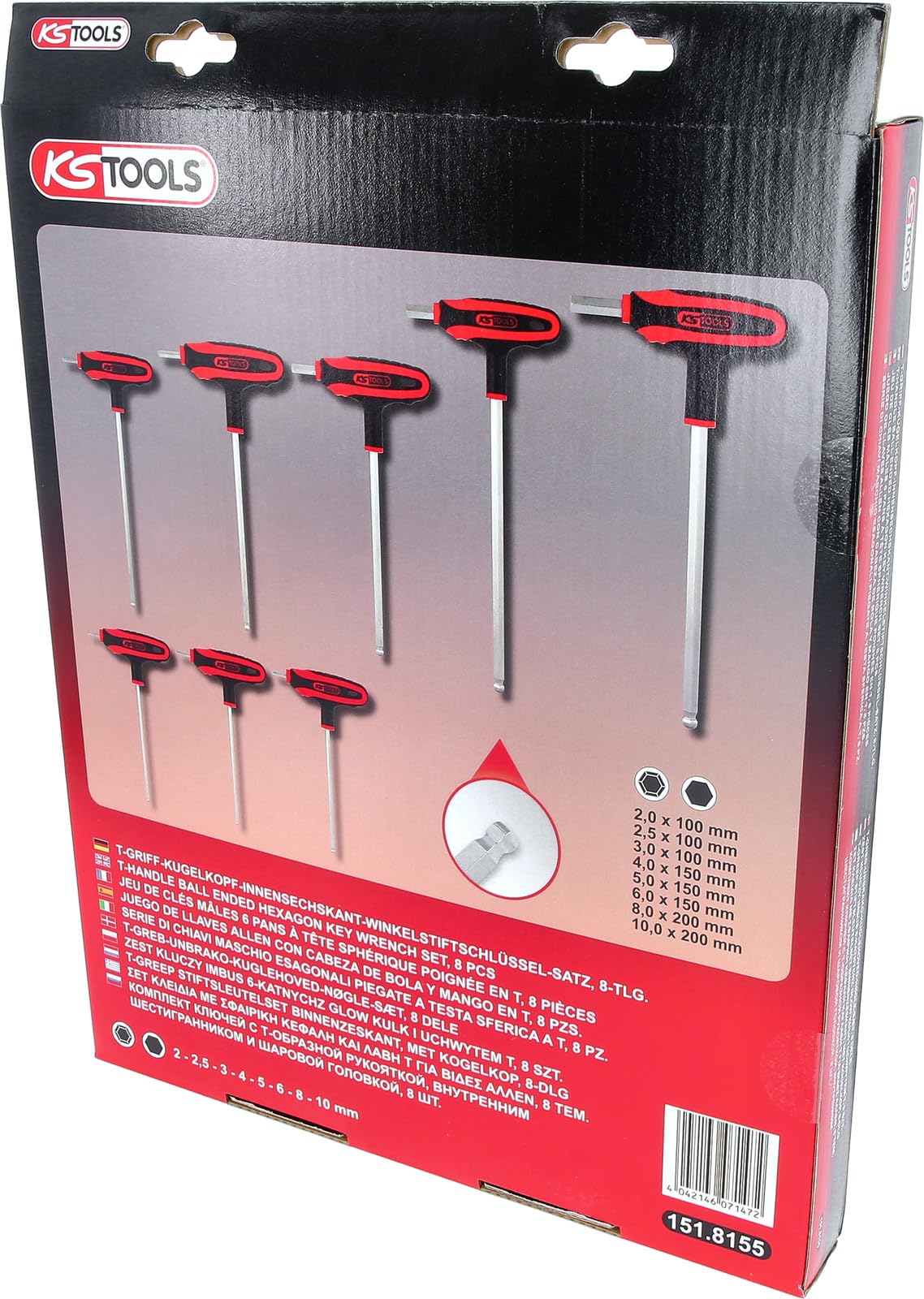 KS Tools 151.8155 Zest kluczy imbus 6-katnychz glow kulk i uchwytem T, 8-szt, 2-10mm