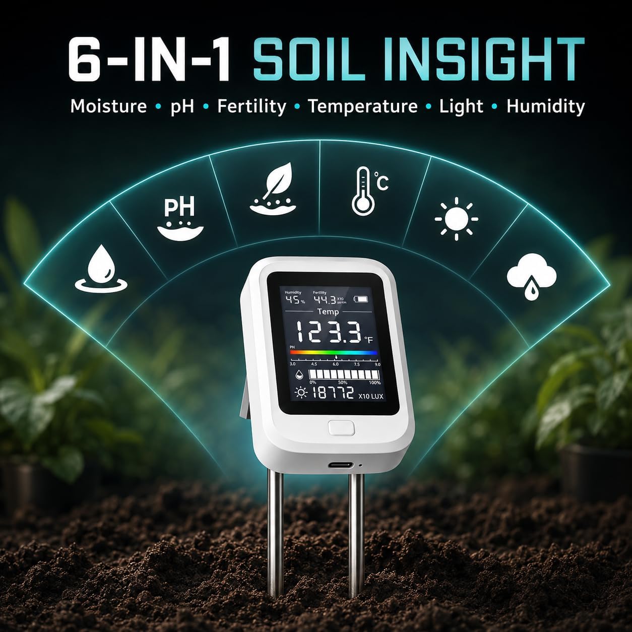 6-in-1 Digital Soil Tester - Soil Moisture Meter and pH Tester for Plant