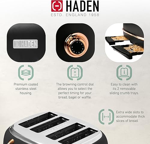 Miniatura 4 de Haden Heritage - Tostadora de acero inoxidable de 4 rebanadas de ranura ancha con hervidor de agua eléctrico de acero inoxidable de 1.7 litros,