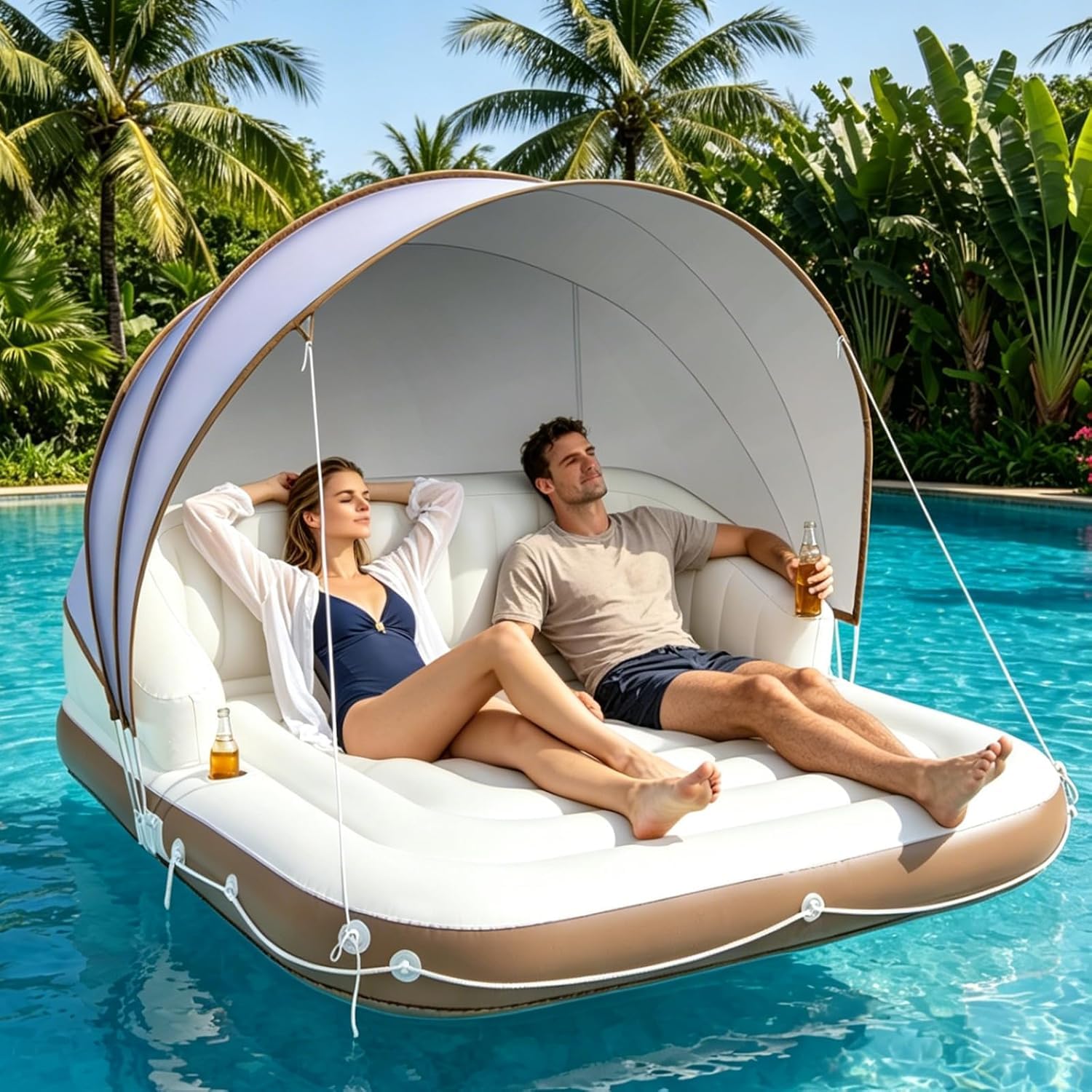 GYMAX Flotador Hinchable Grande para 2 Personas, Isla Flotante Inflable con Toldo Solar Desmontable y Ajustable (UPF 50+), 2 portavasos, Colchoneta Hinchable para Piscina y Playa, Carga de 200 kg