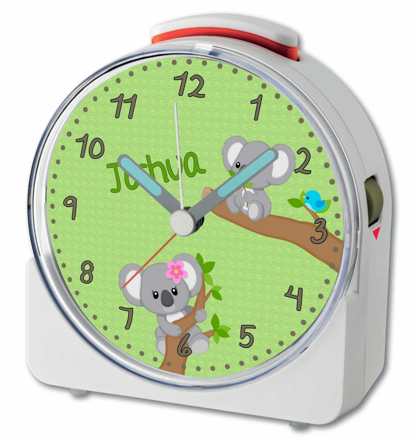 WU-71-1081-04, Koala, analog Kinderwecker weiß, Funkwecker mit Sweep-Uhrwerk und fluoreszierenden Zeiger und Licht, personlisiert mit Namen, 10,2 x 4,6 x 11 cm